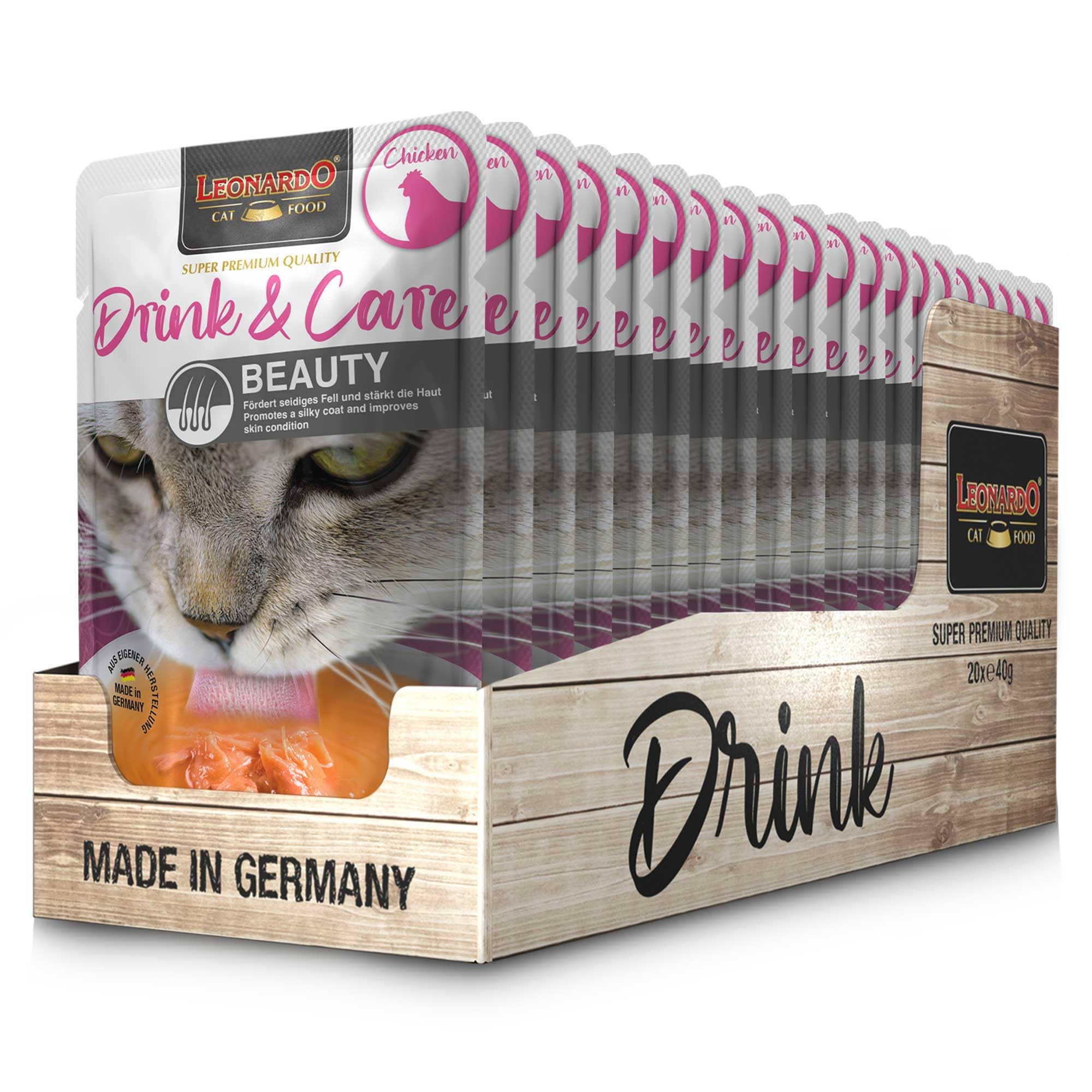 Leonardo Drink & Care Beauty Chicken | Doppelpack | 2 x 20 x 40 g | Ergänzungsfuttermittel für ausgewachsene Katzen | Zur Unterstützung der Flüssigkeitsaufnahme | Ideal als Futtertopping