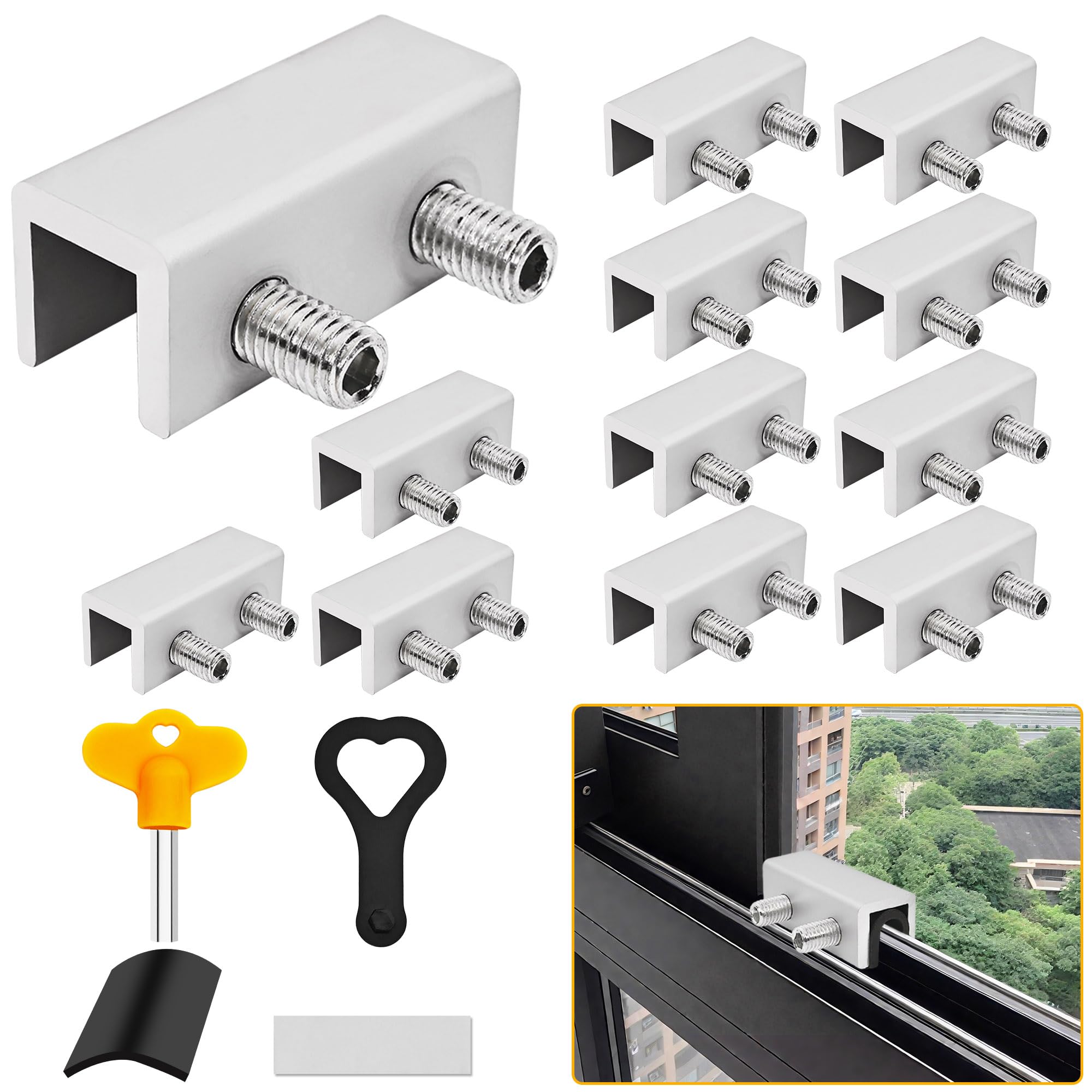 Jayseon Lot de 12 verrous de fenêtre avec clé, verrous de fenêtre coulissants réglables pour fenêtres vers le haut et vers le bas et les fenêtres horizontales, serrure de sécurité coulissante en verre