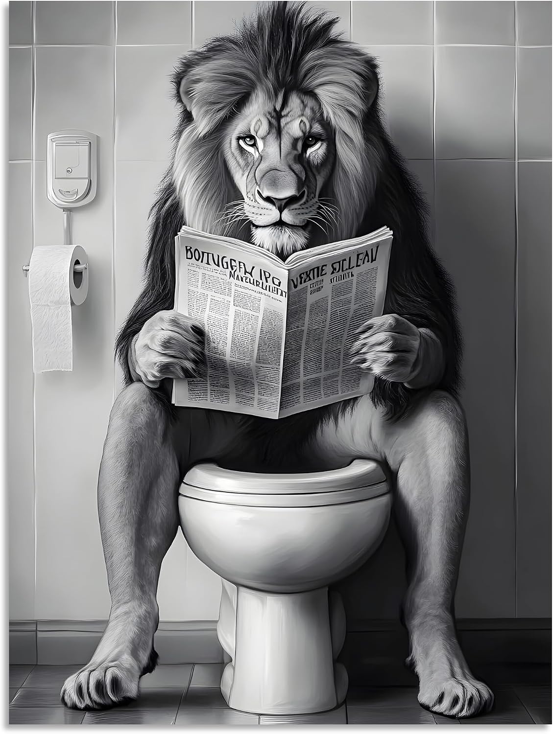 OWNANRTHM Lion Bathroom Canvas Wall Art Funny Animal Bathroom Wall Art Lion on Toilet Bathroom Painting Black and White Animal Bathroom Pictures for Bathroom Restroom Wall Framed 8X10 inch image 2
