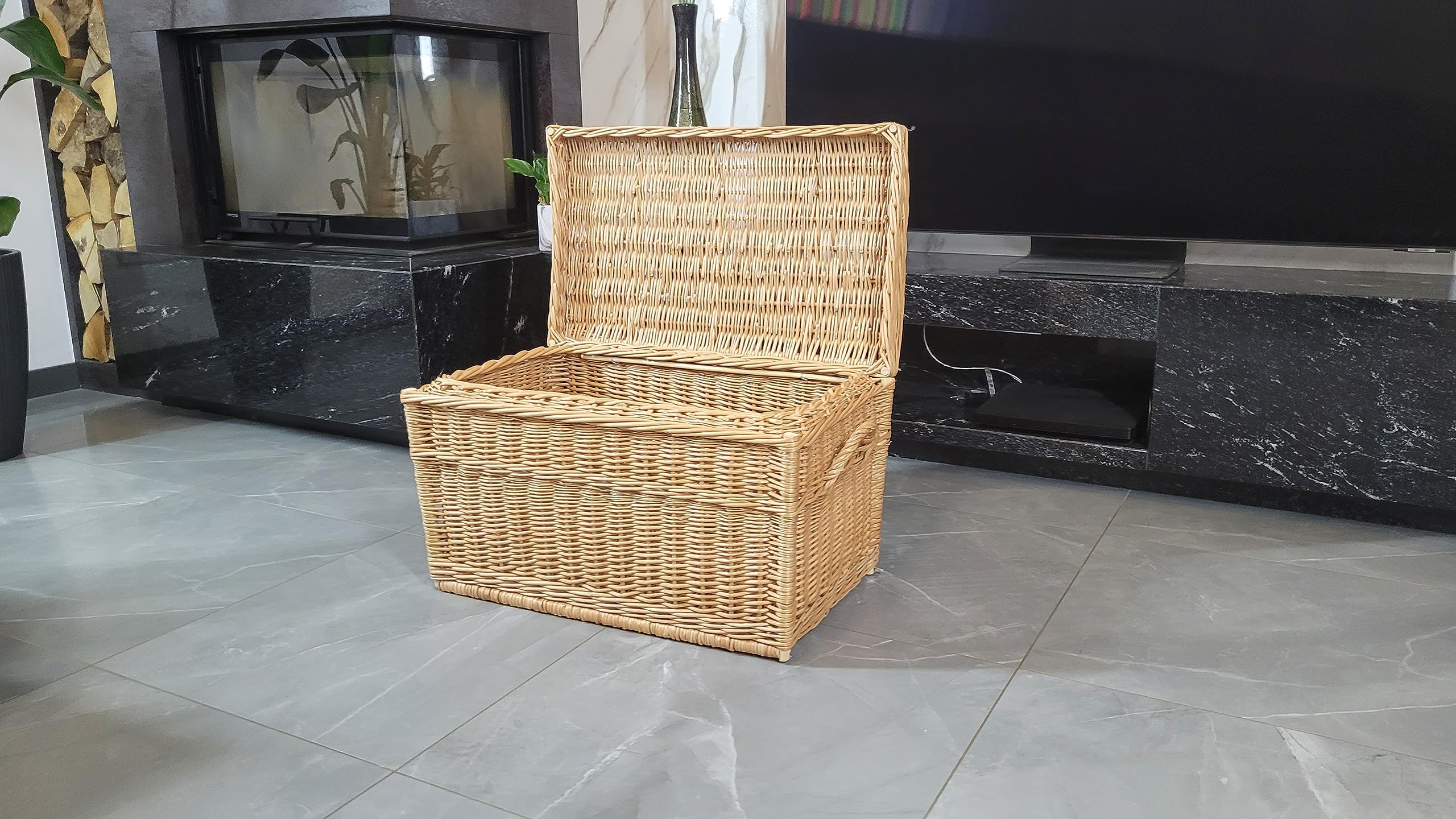 Weeco Cesta de Mimbre Natural de 70 cm Con Tapa Abatible - Hecha a Mano para Juguetes y Colada