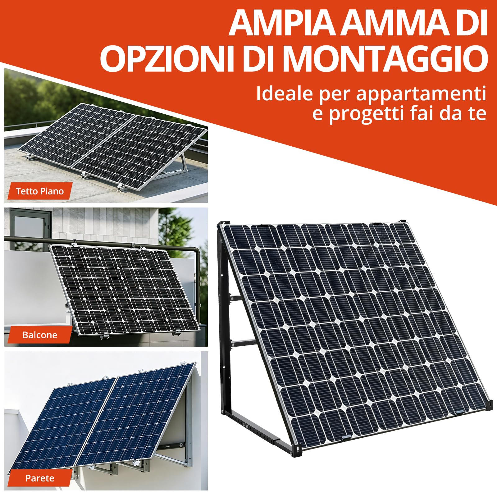 GETLITOOL Soporte Panel Solar 3 en 1 Aluminio Ajustable Balcón Pared Suelo | Ángulo 15-45°, ancho 900-1200mm, para módulo fotovoltaico hasta 1134mm, kit completo montaje balconera