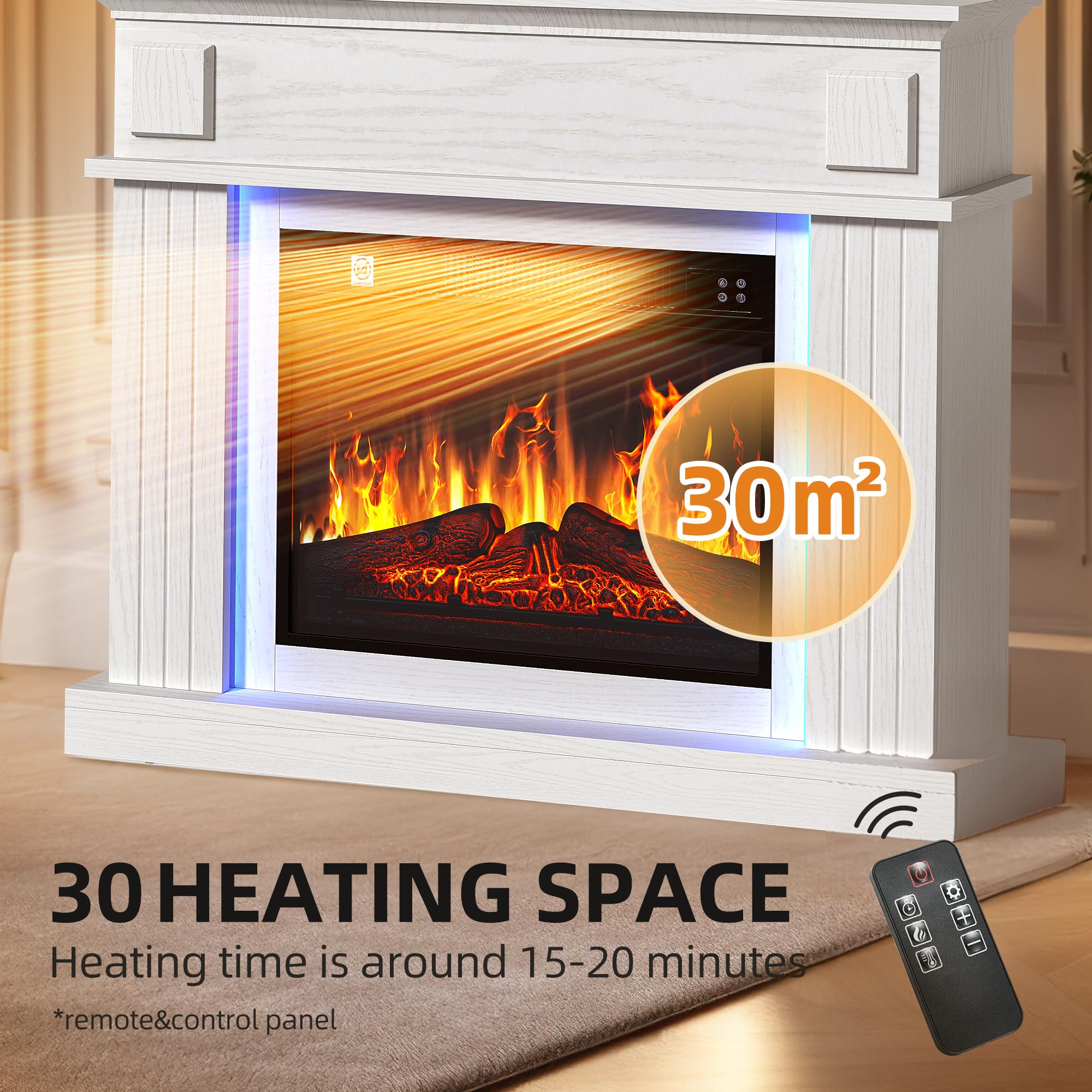 YITAHOME Elektrokamin, 23inch Realistischer 3D Flammeneffekt Erwärmungsfreistehender Elektrischer Kamin mit Timer und 24-Farb-LED-Lichtband und Fernbedienung