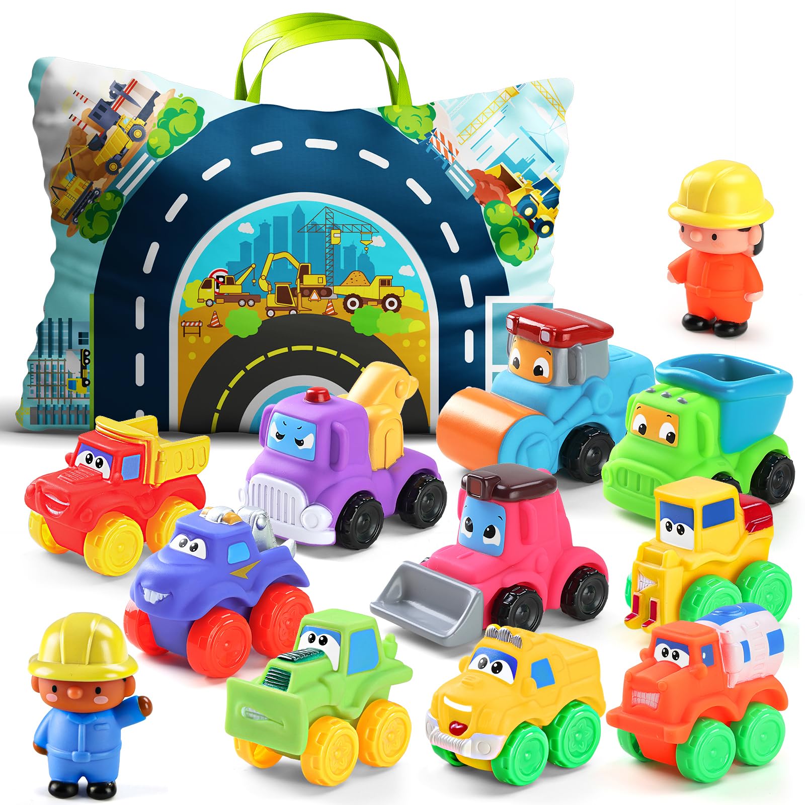 ALASOU 12 PCS Soft Rubber Car Toys for 1 Year Old Boy with Playmat/Storage Bag|1 Year Old Boy Gifts|1st Birthday Gifts for Toddler Toys Age 1-2|Baby Toys 12-18 Months