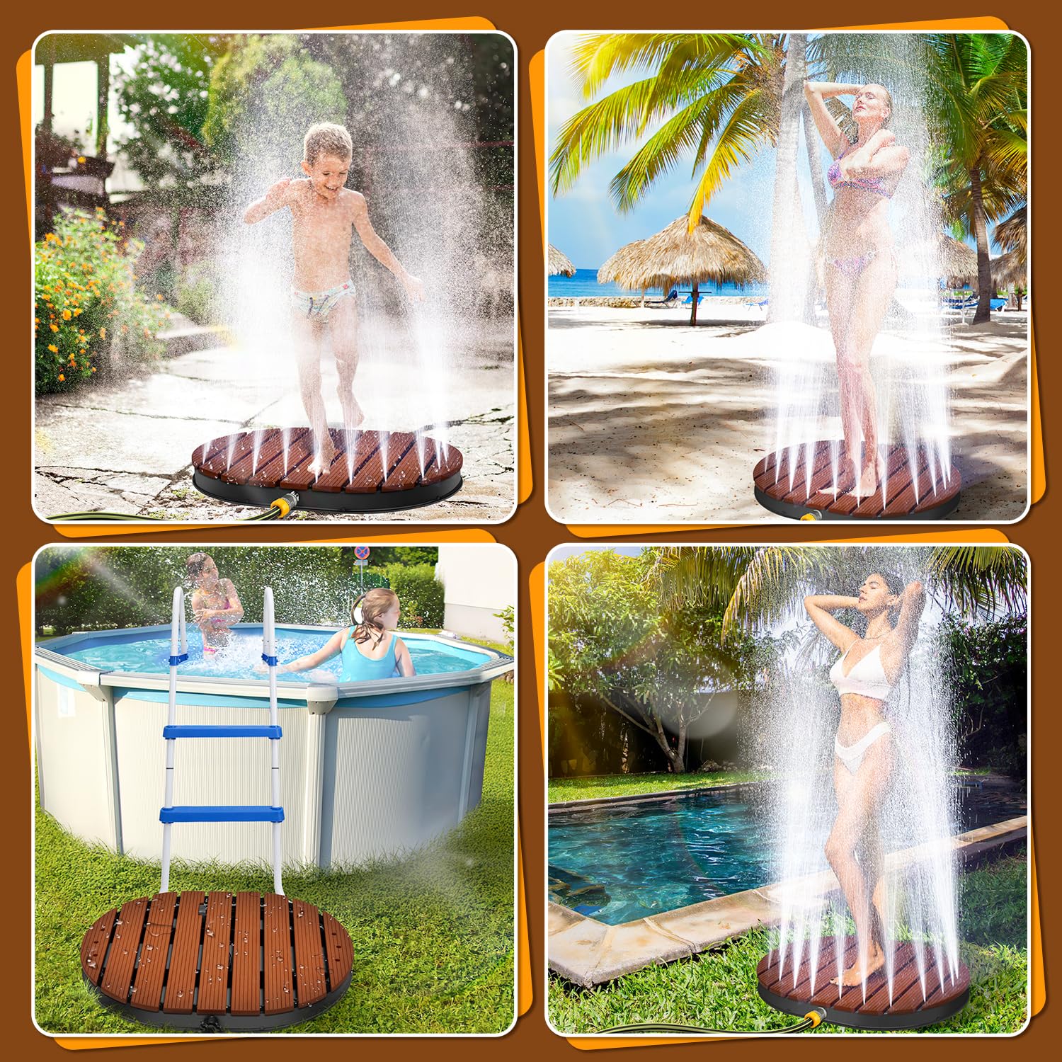 Bodendusche Außendusche, Gartendusche mit 22 Kupferdüsen, Pooldusche aus WPC, Bis 4m Fontänenhöhe, Einstellbar Fußrad, rutschfeste Wetterfest Aussendusche für Pool Sauna