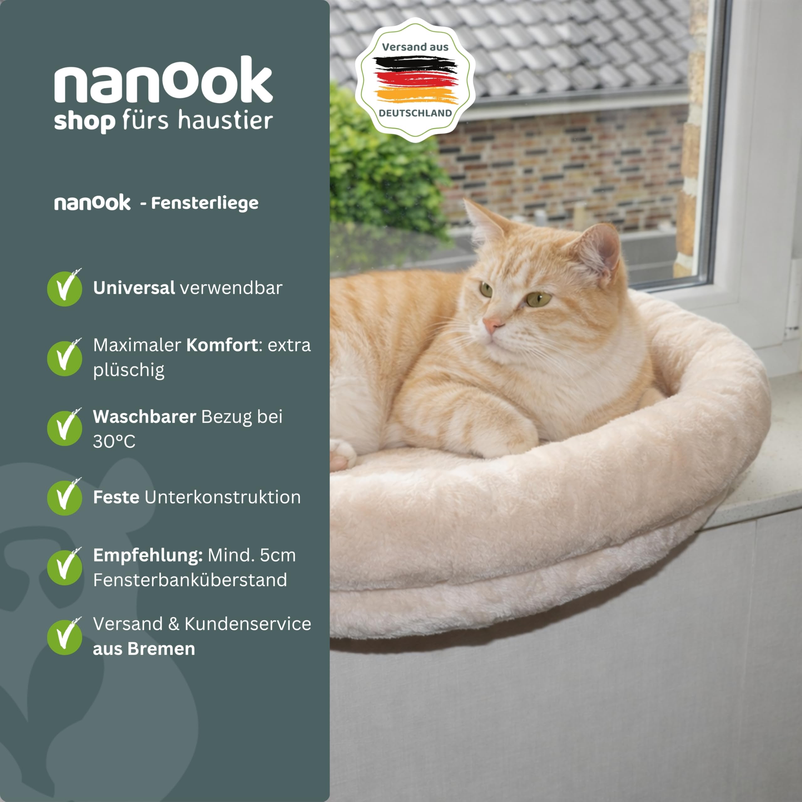 nanook Fenster Liegeplatz Liegemulde Fensterliege für große Katzen - Liegekissen - gepolstert - XXL 60 x 45 x 13 cm - grau