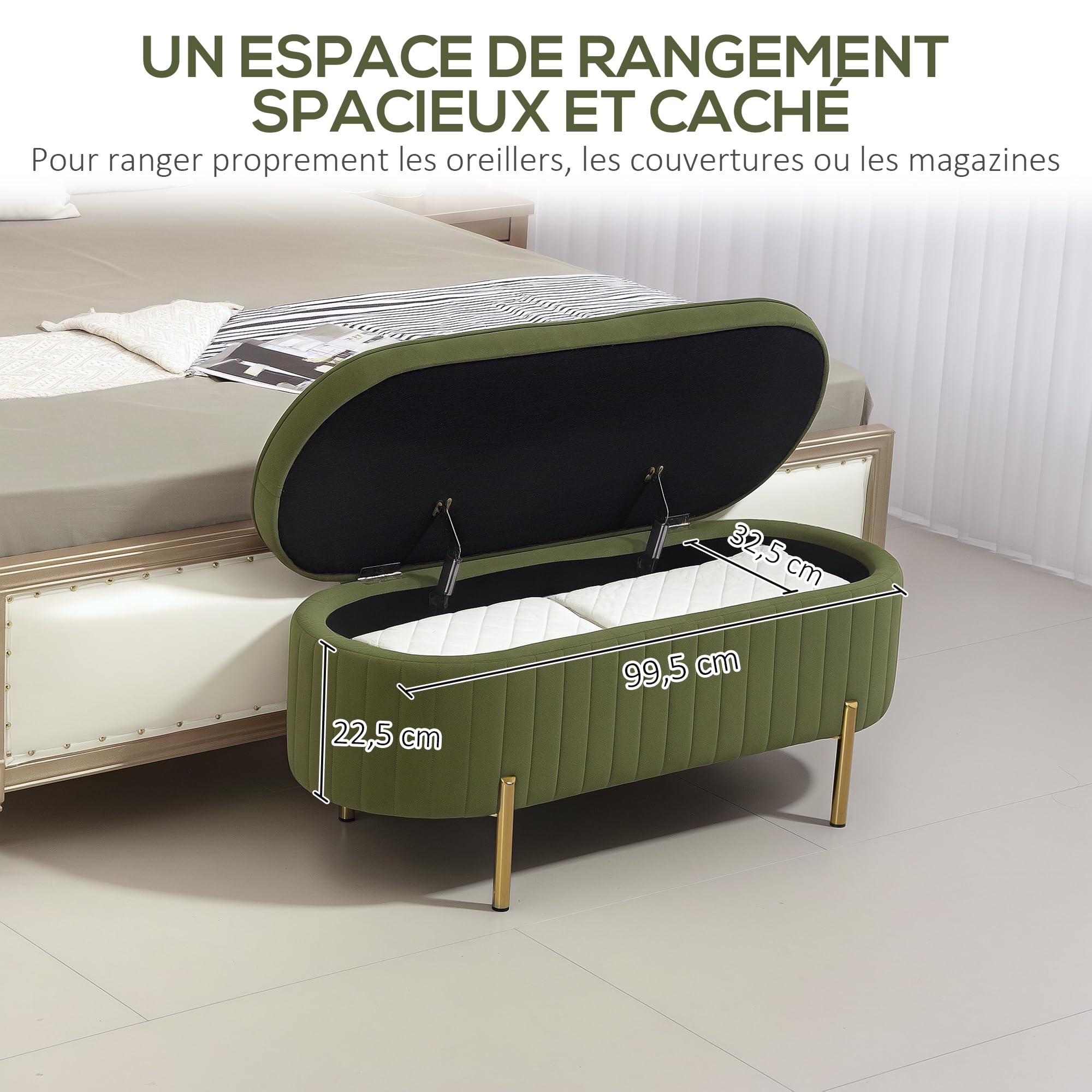 HOMCOM Banc de Rangement Bout de Lit 72L Velours 108x44x43,5cm Vert Foncé | Coffre de Rangement avec Couvercle, Pieds en Métal, Jusqu'à 220 kg, Banquette Salon Chambre Entrée