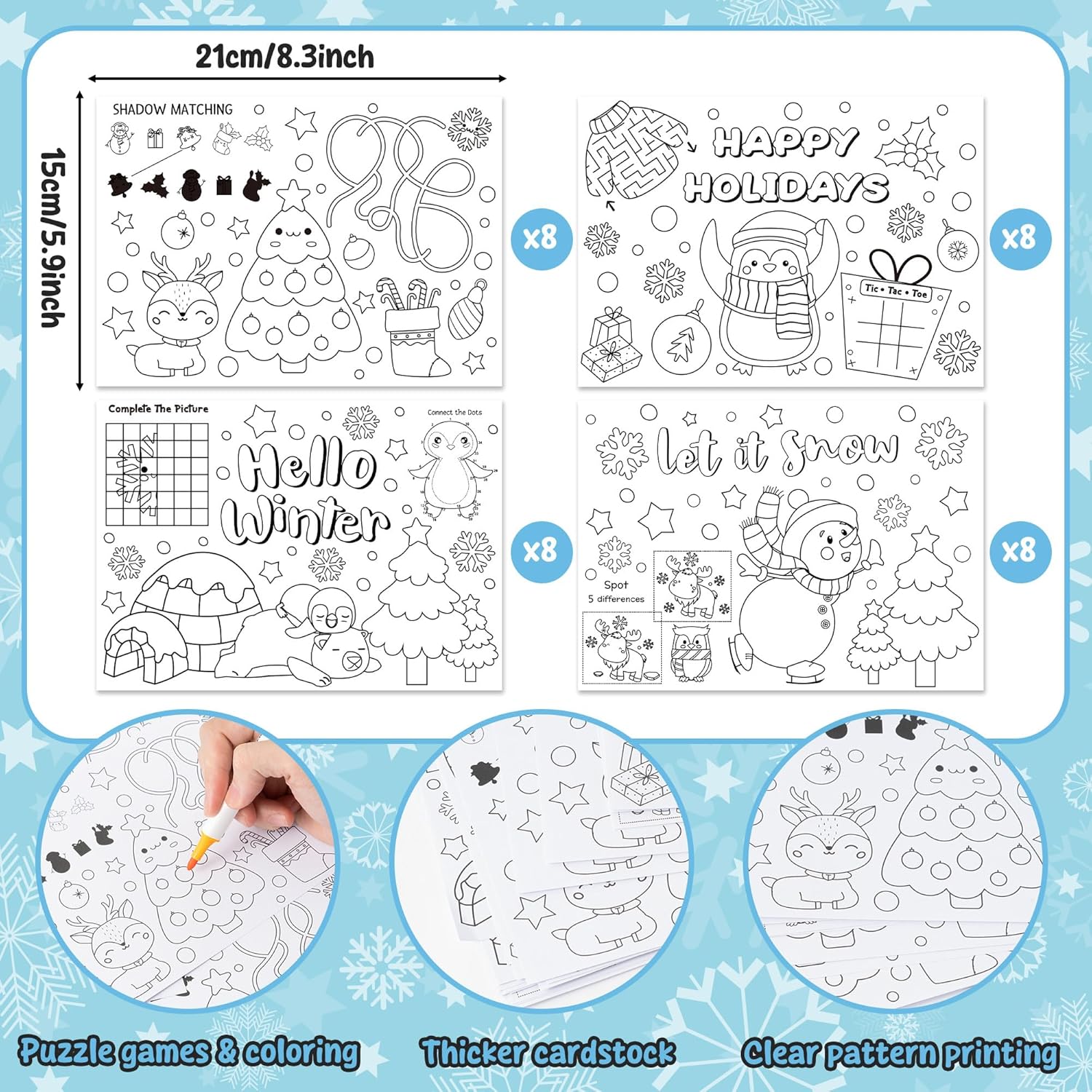 ANGOLIO Winter Game Coloring Pages - 32P Hello Winter Scene Activity Game Coloring Posters for Kids, Happy Holidays Bulk Snowman Penguin DIY Crafts Classroom Home Holiday Party Supplies Christmas Gift