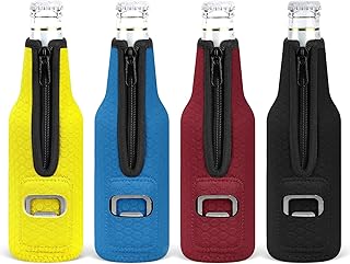 4 Pack Beer Bottle Insulators Sleeves 12oz Standard Beer Bottles Covers Zip-up Neoprene Insulated Bottle Jacket with Bottle Opener - Black/Red/Blue/Yellow