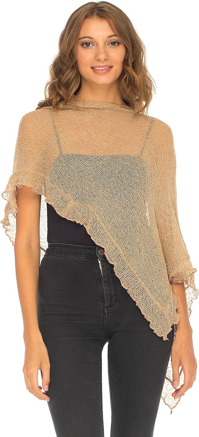 SHU-SHI Womens Sheer Poncho Shrug Lightweight Knit Ruffle Sweater Top Grey at  Women’s Clothing store