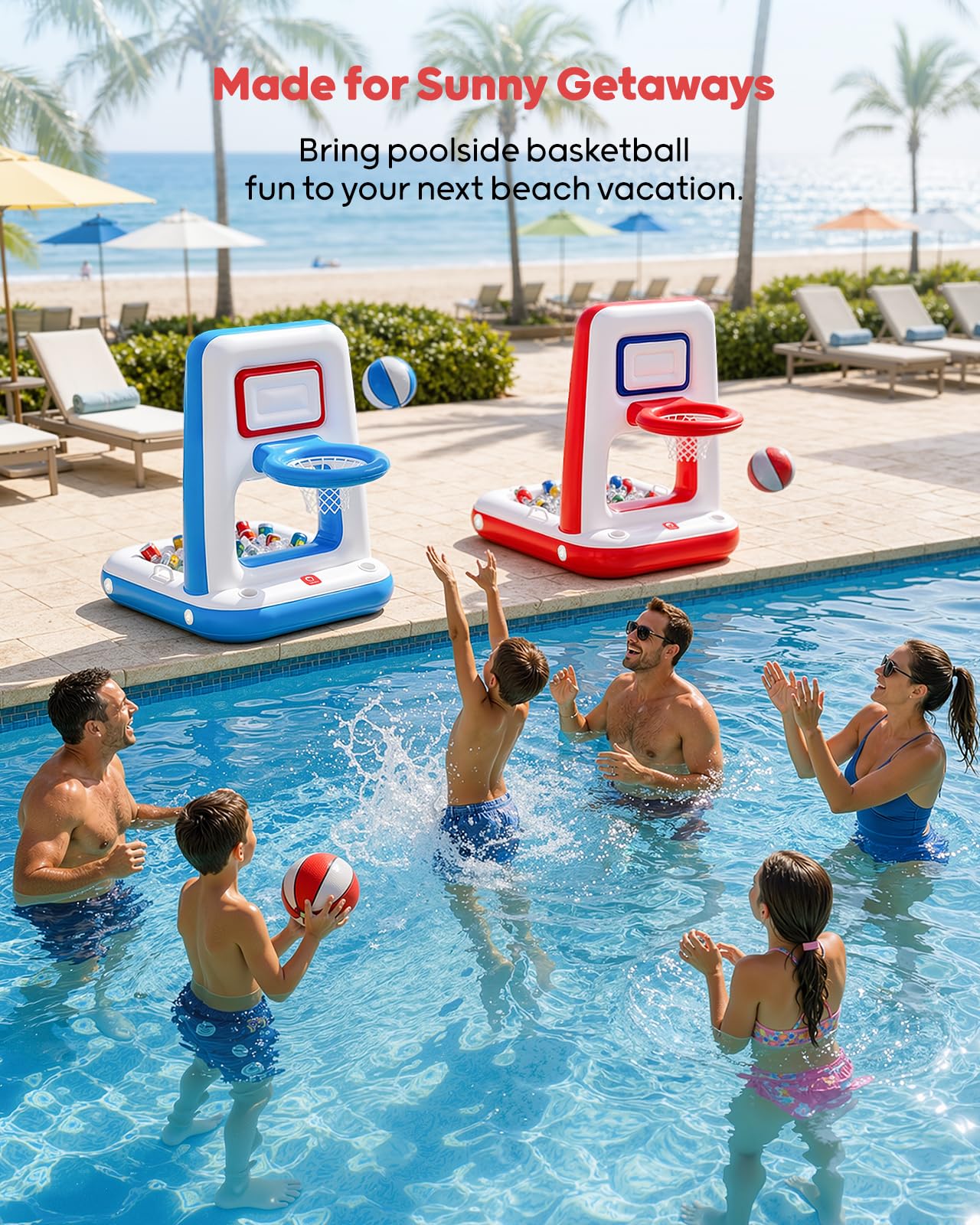 QPAU Pool Basketballregal mit eingebautem Kühlgerät, 42-Zoll, schwimmend, mit 2 Bällen, Pumpe und Kacheln, Poolspielzeug
