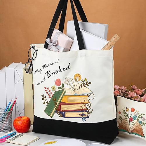 Miniatura 4 de Cunno 2 bolsas de mano para amantes de los libros, con bolsa de maquillaje, bolsas florales estéticas para profesores, juego de regalo de