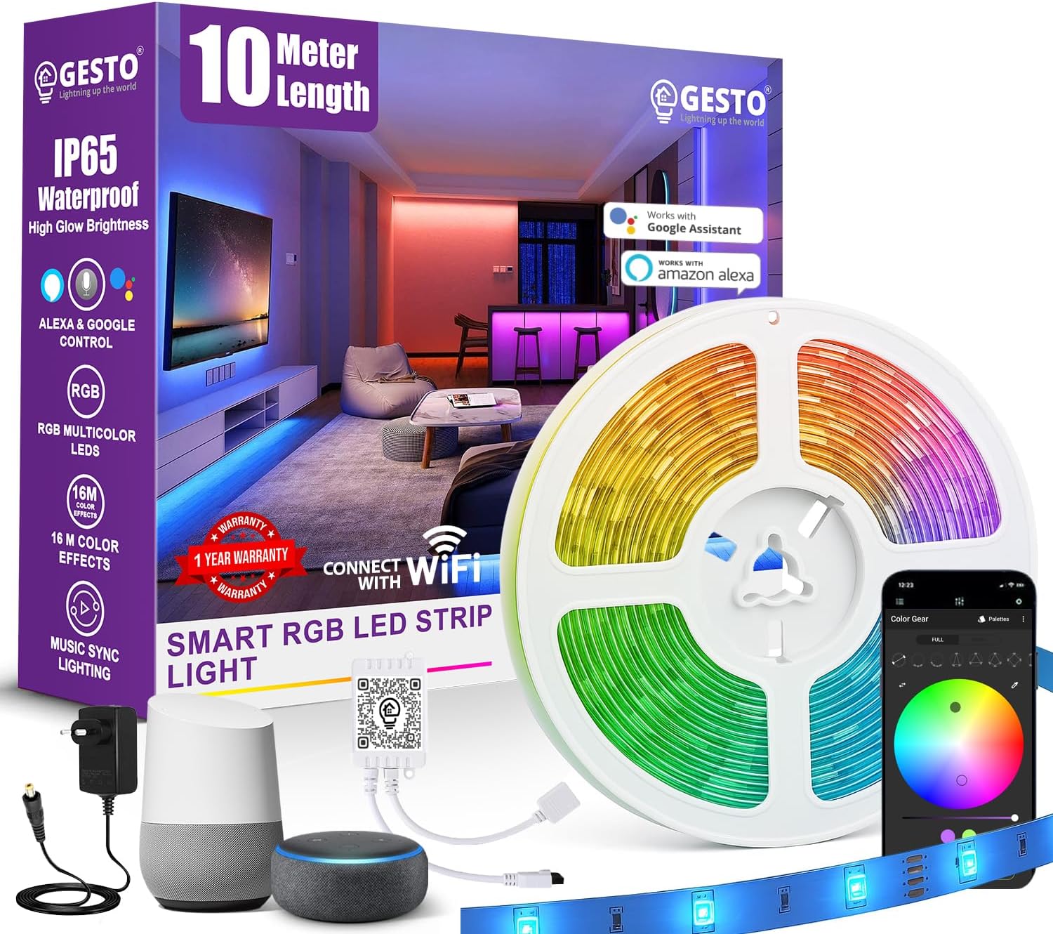 Gesto 10 Meter Smart RGB LED Strip Light With Adaptor| 300 LED Strip with App Control,Alexa & Google Assistant | 16 Million Color Effects,Music Sync | WiFi LED Light for Ceiling,Bedroom & Diwali Decor