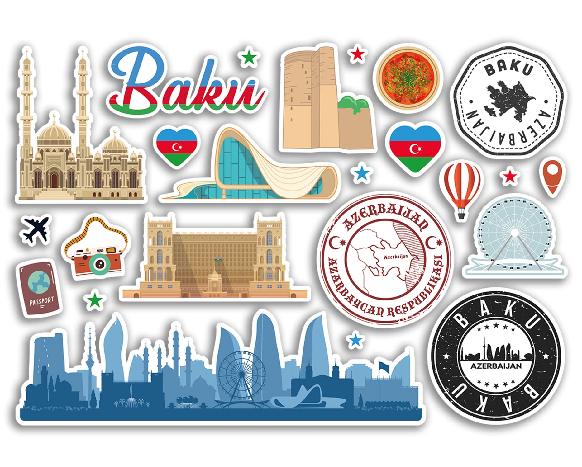 A5 Sticker Sheet Baku Landmarks Vinyl Stickers - Azerbaijan Airport Stamps Skyline Flag Map Travel Holiday Scrapbooking City Luggage #79145