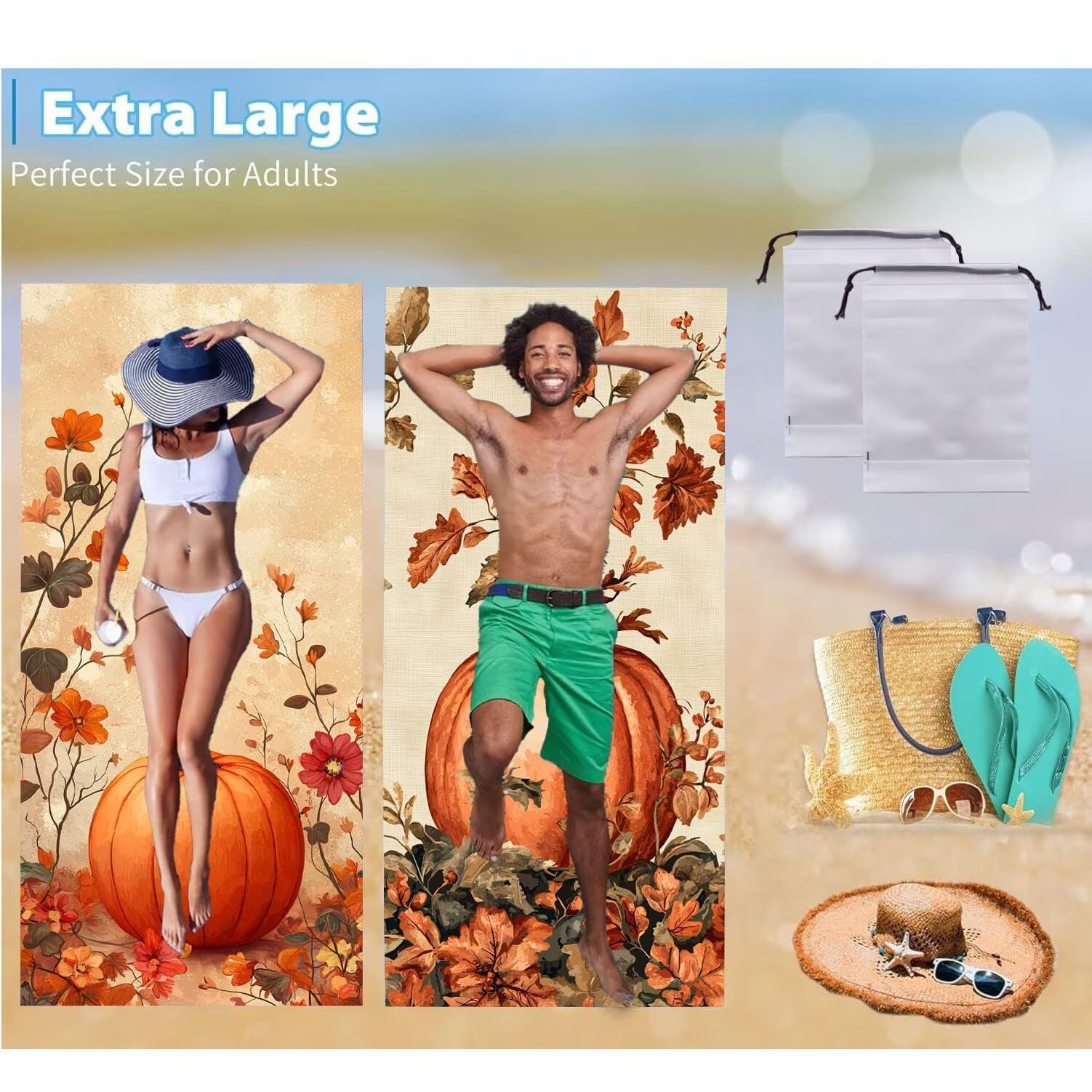 Ręcznik plażowy xxl 2 opakowania Duży ręcznik plażowy z mikrofibry 80 x 160 cm odporny na piasek, szybkoschnący, bardzo chłonny ręcznik kąpielowy, letni prezent dla kobiet (dynia) B-776