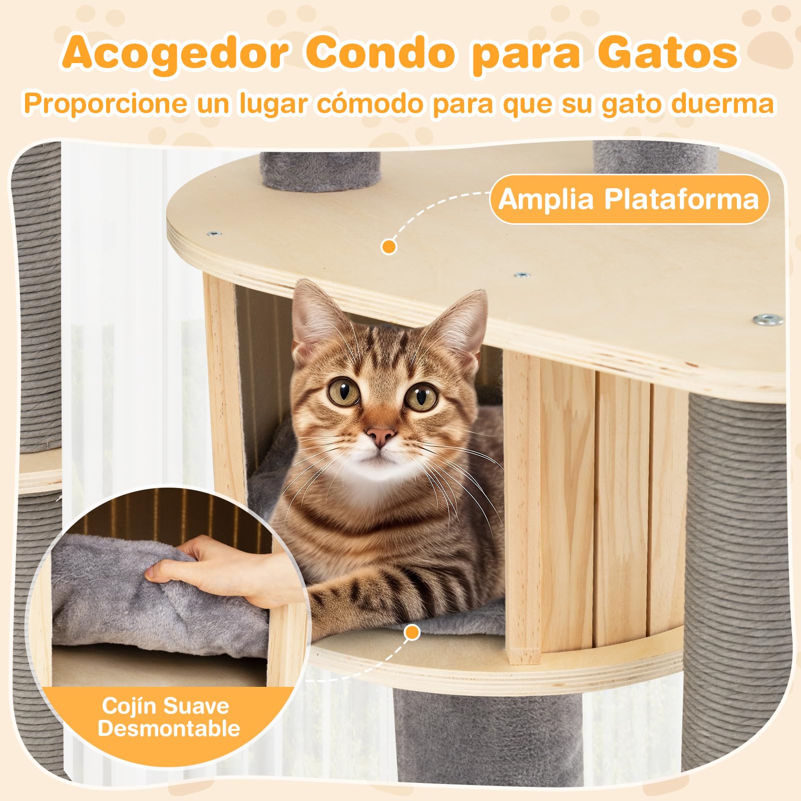 COSTWAY Árbol Rascador para Gatos Grandes de 197 cm, Torre de Escalador para Gatos de Múltiples Niveles con Acolchado Superior, Casa, Alfombrillas Desmontables, Postes para Rascar, Base Estable, Gris
