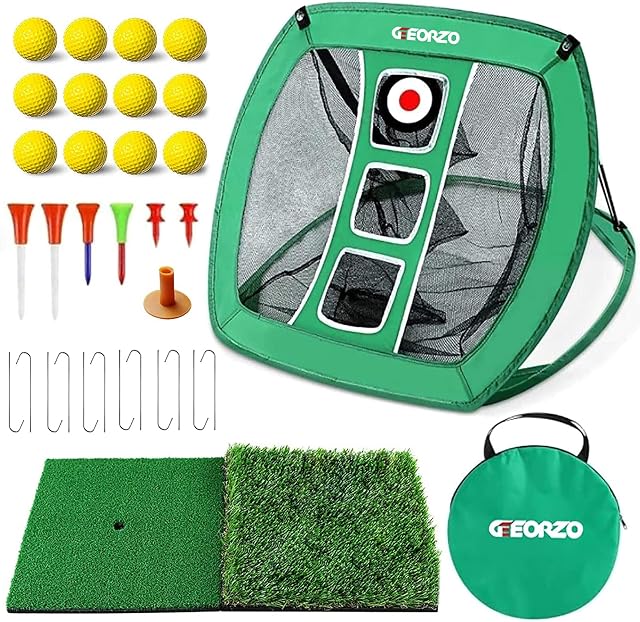GEEORZO Golf Chipping Net, Pop Up Golf Practice Net with 2 Golf Hitting Mats, 12 Practice Balls and Golf Tees Accessories for Backyard Outdoor Indoor