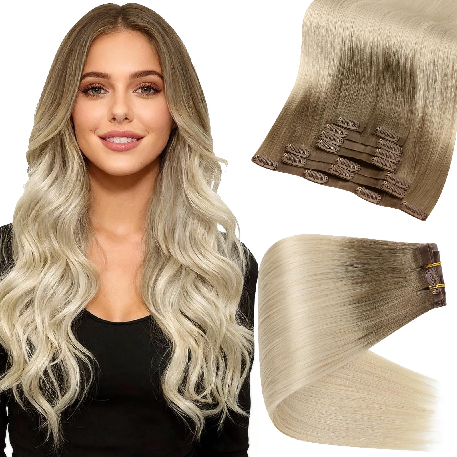 Full Shine Ombre Seamless Clip in Hair Extensions Ash Brown Ombre Platinum Blonde for Women Invisible Remy Hair Extension Clip ins 16 Inch 120g 8 Pcs