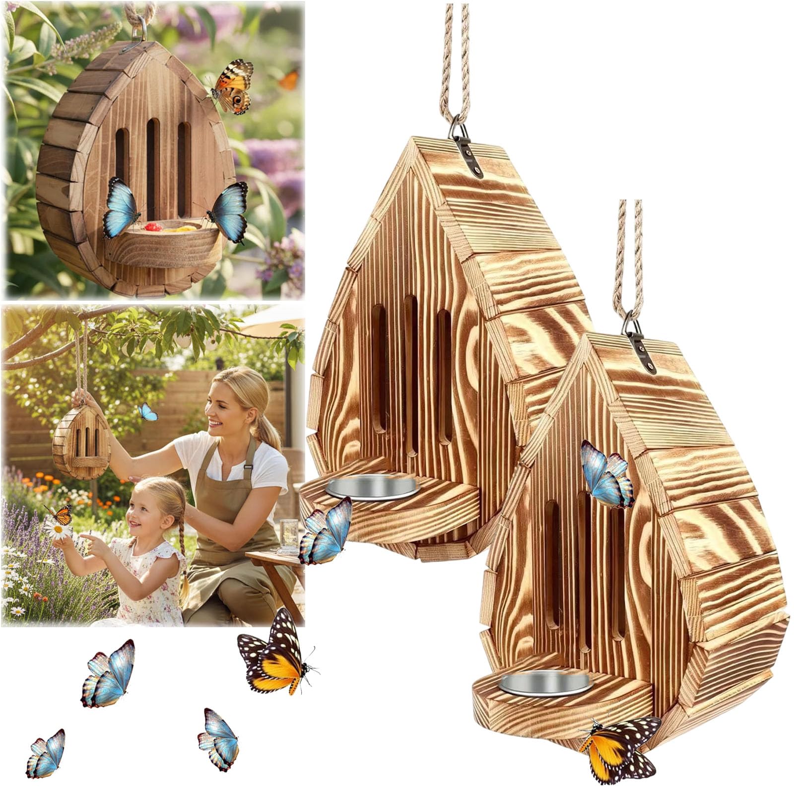 Butterfly House for Garden, Teardrop-Shaped Wooden Butterfly Feeding Station, Outdoor Butterfly House and Feeder for Outside Butterflies, Moths - Backdoor, Easy to Clean (2PC)