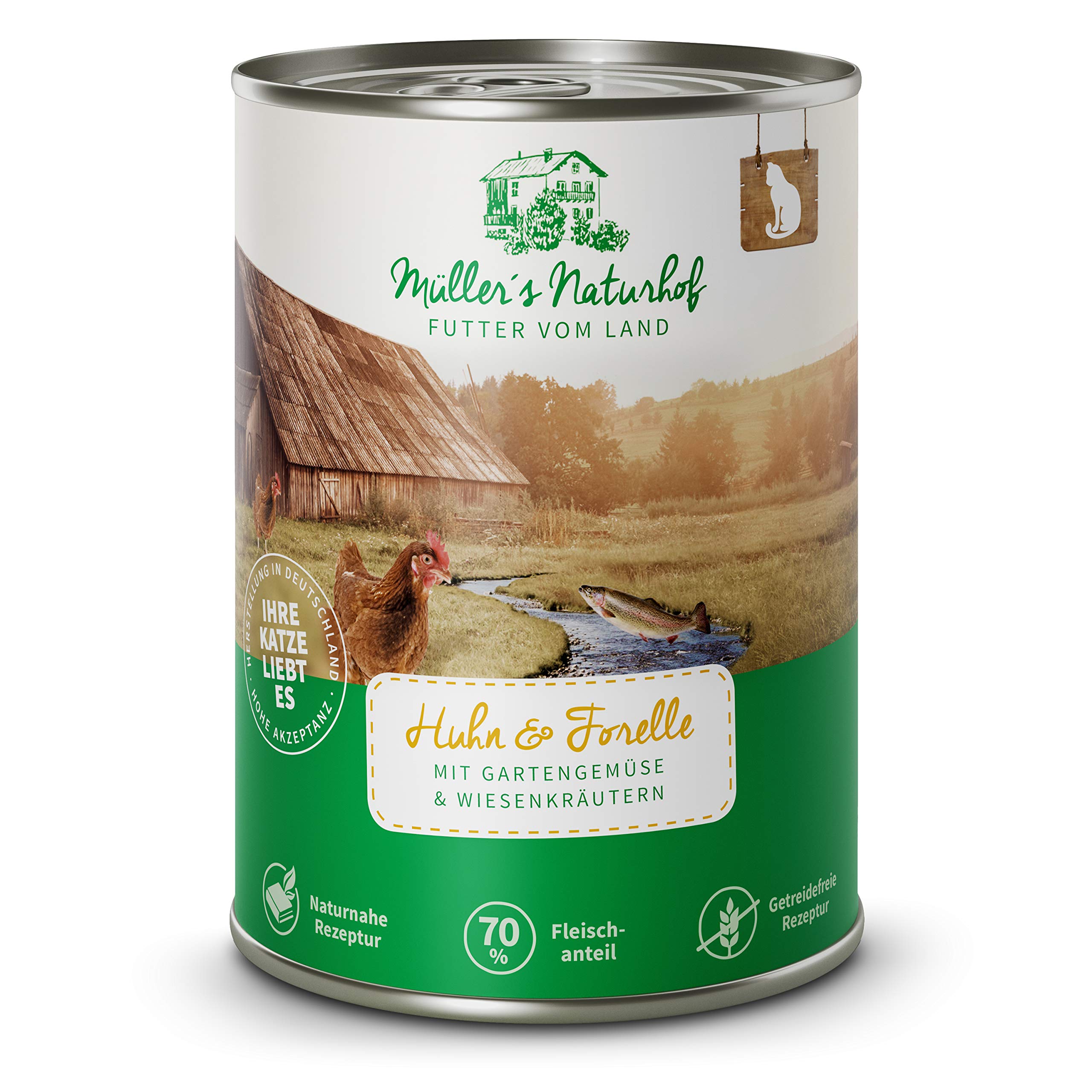 MÜLLER'S NATURHOF – Huhn | Nassfutter mit natürlichen Zutaten und wertvollen Superfoods für ausgewachsene Katzen. Getreidefreies Alleinfutter ohne Zusatzstoffe in der Dose | 24x400g Huhn