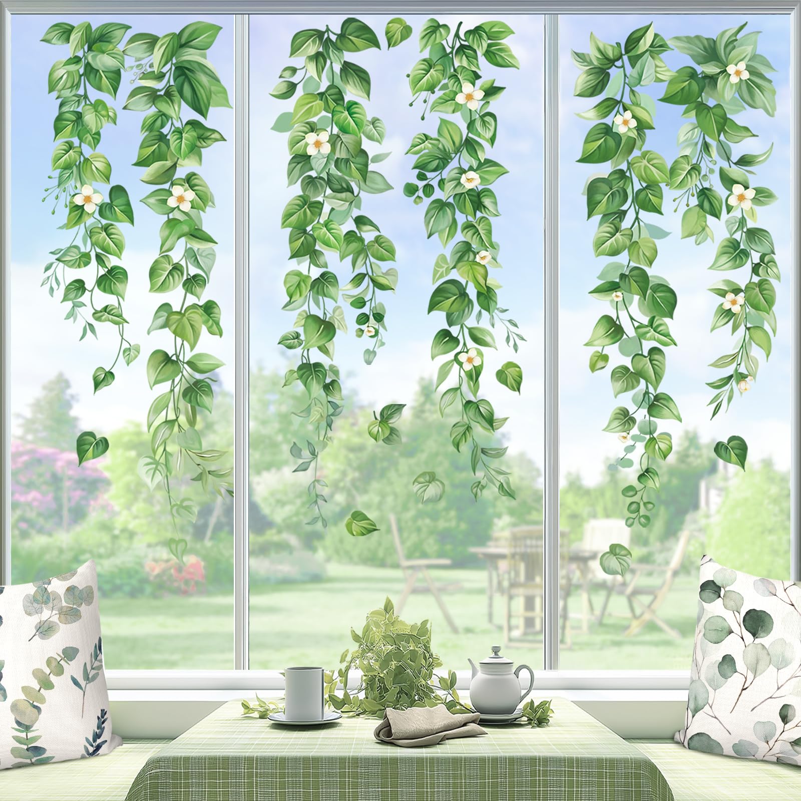 wondever Hanging Vine Eucalyptus Leaves Window Clings Green Plants Leaves Glass Sticker Decal Anti Collision Double-Side Static Window Stickers for Home Glass Window - Image 2