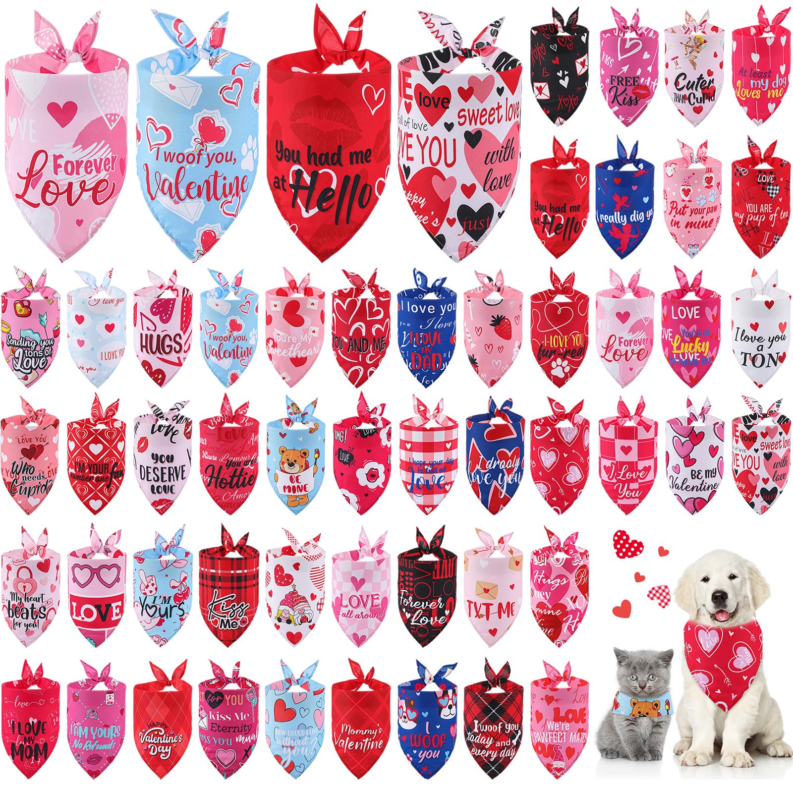 Chunful 50 Pcs Valentines Day Dog Bandana Bulk with Sayings Pet Triangle Scarf Bibs Washable Puppy Kerchief Adjustable