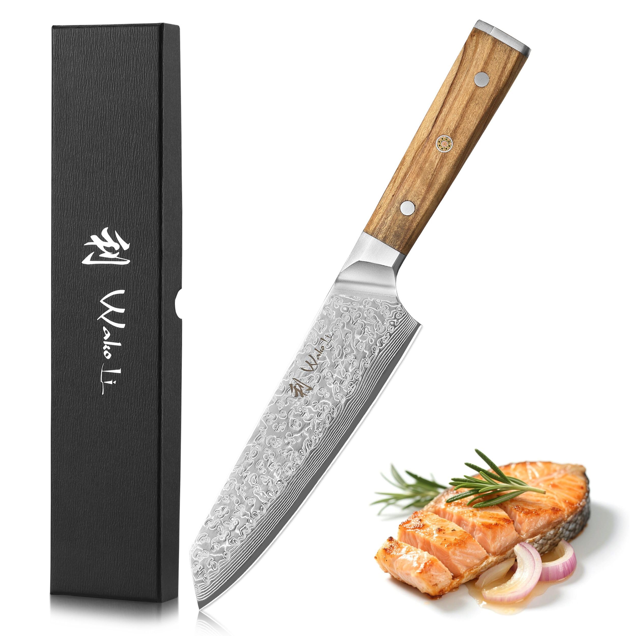 Wakoli Oribu Kiritsuke Messer mit 18 cm Klinge, scharfes Damast Kochmesser aus 67 Lagen mit VG 10 Kern, Full Tang Küchenmesser mit Griff aus Olivenholz in Geschenkbox für präzise Schnitte