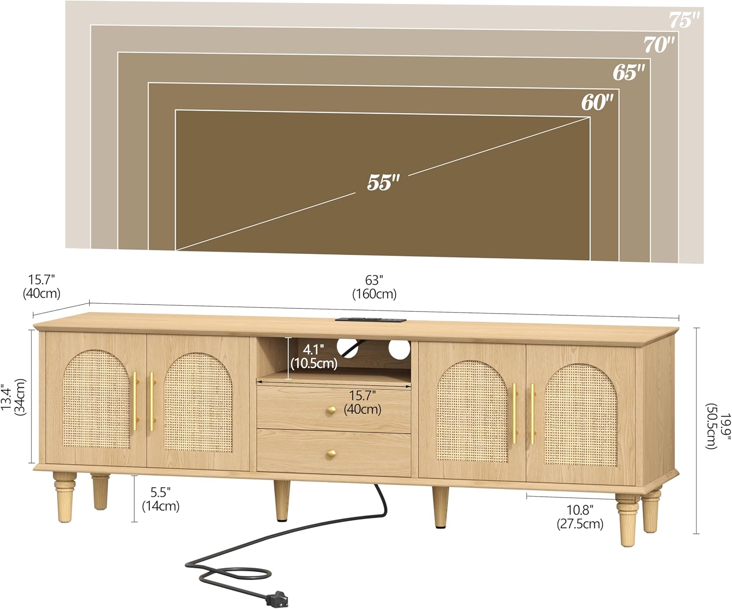 63"W Rattan TV Stand for 75 inch TV, Entertainment Center with Storage Cabinet, 2 Drawers & Doors, Adjustable Shelf & Power Outlet, Modern Media TV Console Table for Living Room, Bedroom, Natural Oak
