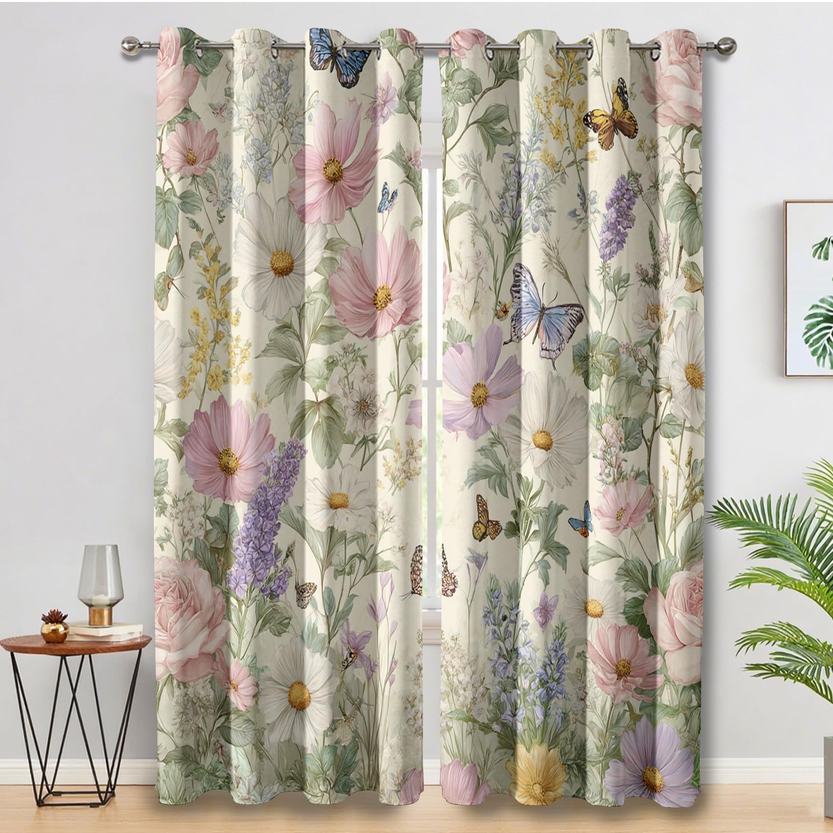 Wildflowers Blackout Curtains for Living Room Bedroom, Butterfy Floral Botanical Eyelet Thermal Window Treatments 54 Drop - 2 Panels 46 x 54 Inch, Home Decor pw&21