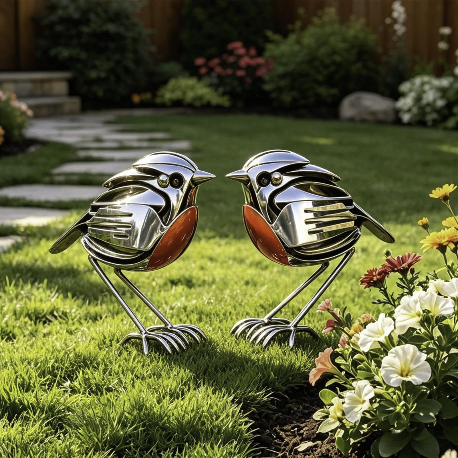 2PCS Metal Robin Garden Ornaments, Handmade Scrap Metal Robin Art Sculpture For Garden, Rustic Red Chest Bird Statue, Handcrafted Recycled Fork & Spoon Robins Bird Figurine Gift For Birds Lovers