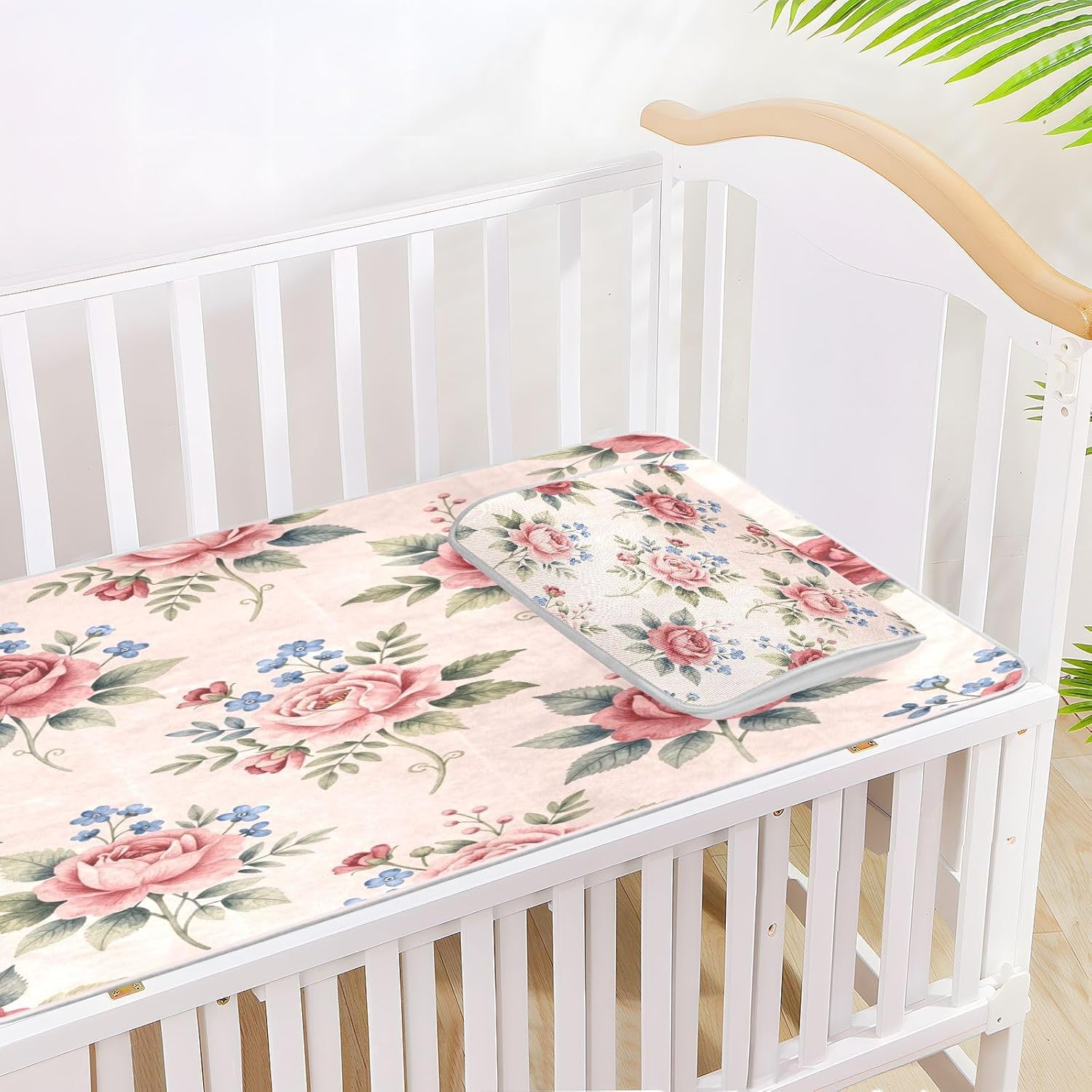 Cooling Baby Mattress Topper 28" x 52" Ultra Soft Pink Roses Shabby Chic Floral Crib Padding for Kids, Adult