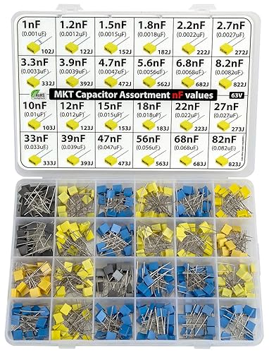 Miniatura 2 de nF Values - Kit de condensador de caja de poliéster MKT surtido 350 piezas, 24 valores 63V, todos los valores nF, 1nF, 1.2nF, 2.2nF, 2.7nF, 3.3nF,
