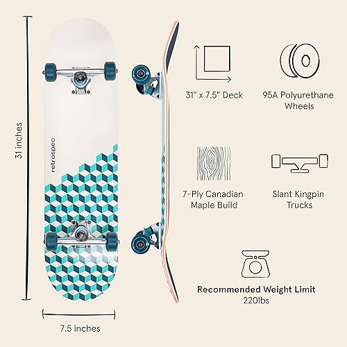 Miniatura 24 de Retrospec Alameda Skateboard Complete Cubierta de madera de arce canadiense con camiones de aleación de aluminio de 5.5 pulgadas para Azul Mist