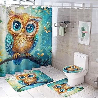 4pcs Cartoon Cute Owl Shower Curtain Set with Rugs, Toilet Lid Cover and Bath Mat, Big Eyes Animal Bathroom Curtains Decor Shower Curtains, 72" X 72"