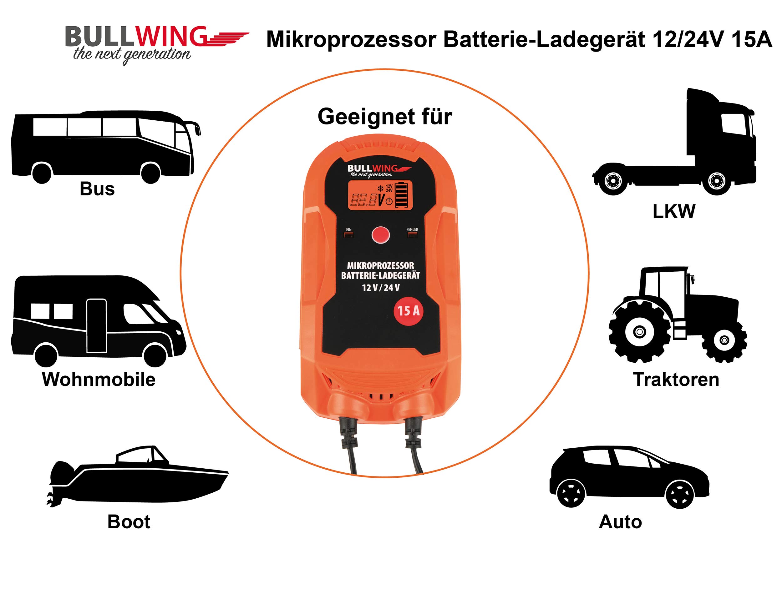 Bullwing Batterieladegerät Mikroprozessor 12/24V 15A LKW Bus Boot Traktor Vollautomatisches 9-stufige Ladegerät Orange