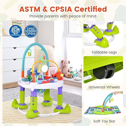 Miniatura 6 de BABY JOY Centro de actividades de Baby Bouncer, platillo de actividades rebotadoras 4 en 1 y mesa de actividades y tapete de juego con 3 alturas