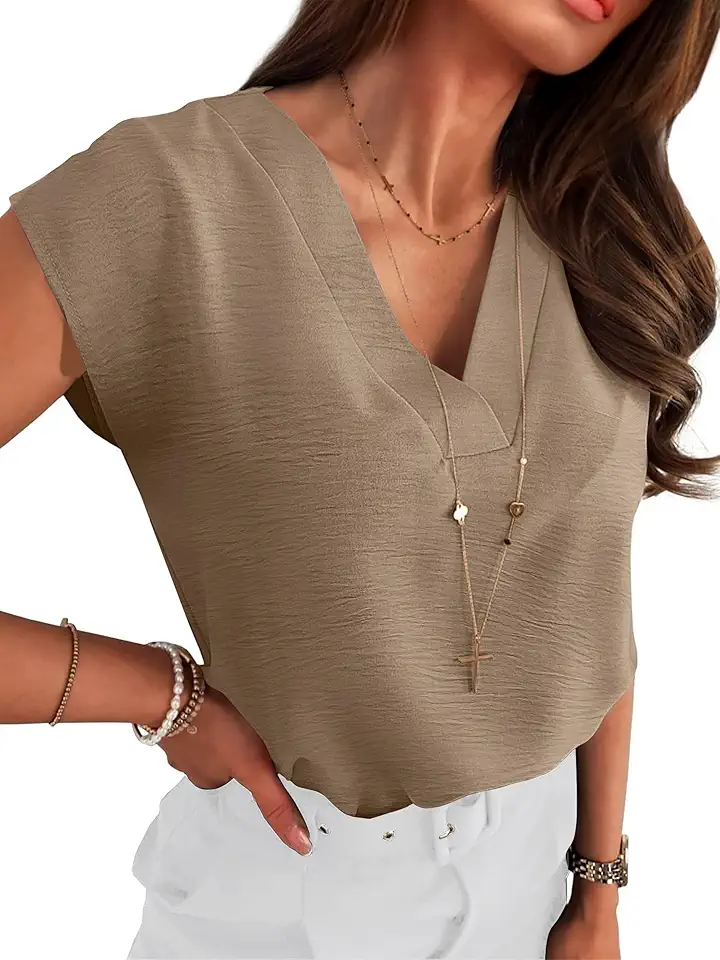 ANRABESS Women Tops Cap Sleeve Textured Dressy Casual V Neck Shirts 2025 Summer Business Work Blouses Outfits