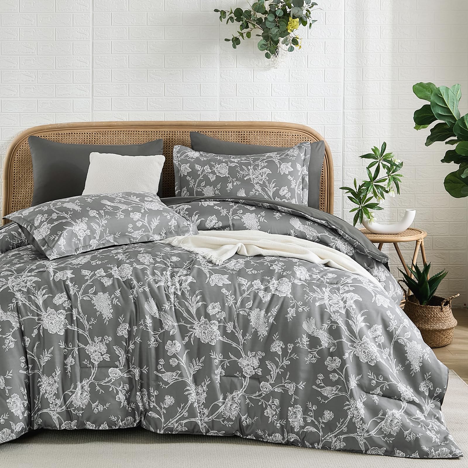 Luxudecor Floral King Comforter Set 7 Pieces Bed in a Bag, Grey Flower with Bird Bedding Set, Soft Reversible Comforter with Sheet Set 104