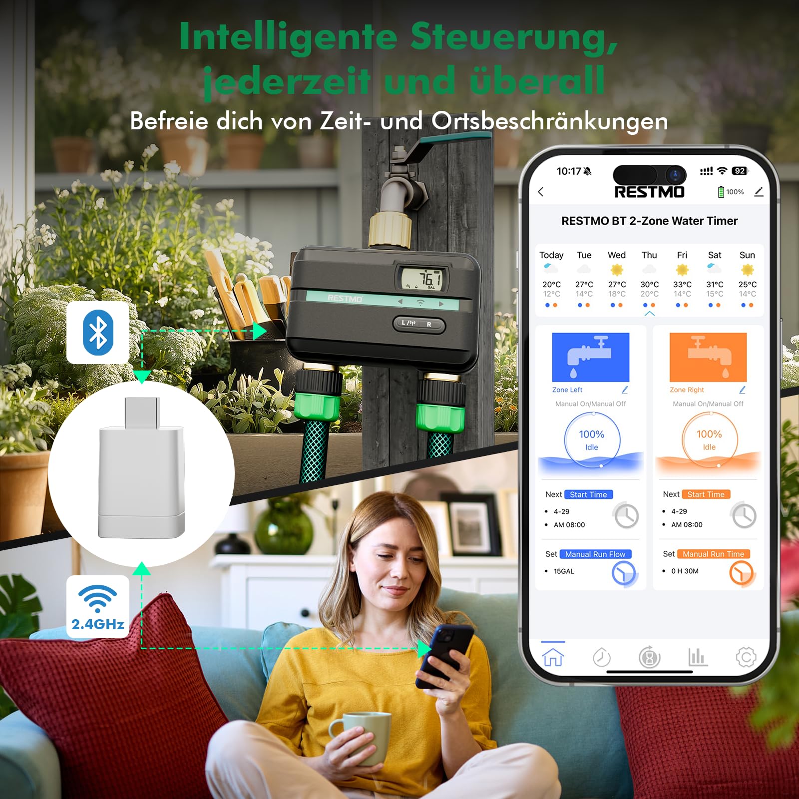 RESTMO 2-Zonen Bewässerungscomputer, Bluetooth+Wi-Fi Bewässerungstimer | App-Steuerung, getrennte Pläne pro Zone, auto/manuell/Regenpause, bis 11:59 Std. pro Zone, für Garten & Rasen