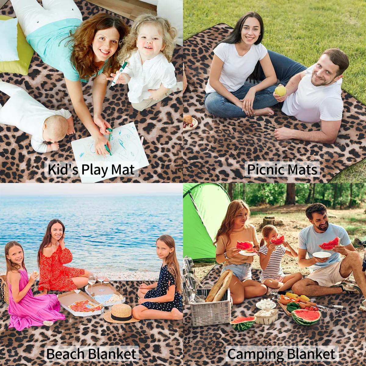 Picknickdecke mit Leopardenmuster, wasserdicht, sanddicht, faltbar, Stranddecke, 200,7 x 200,7 cm, extra groß, tragbar, waschbar, Outdoor-Matte für Camping, Park, Gras, Wandern, Reisen
