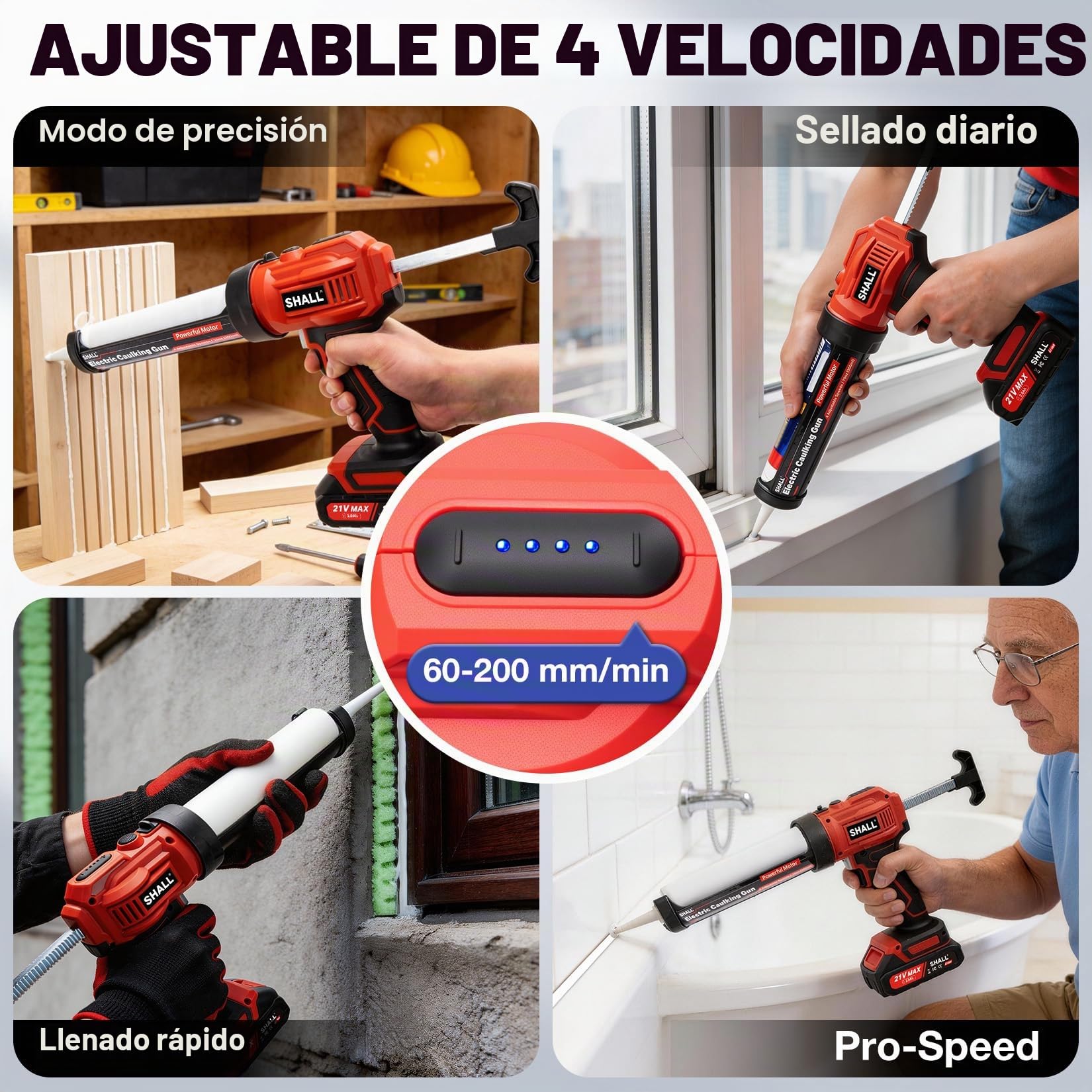 SHALL Pistola de calafateo eléctrica de 21 V,Luz LED, 4 velocidades ajustables, diseño antigoteo, se adapta a cartuchos de 300 ml para sellar y llenar