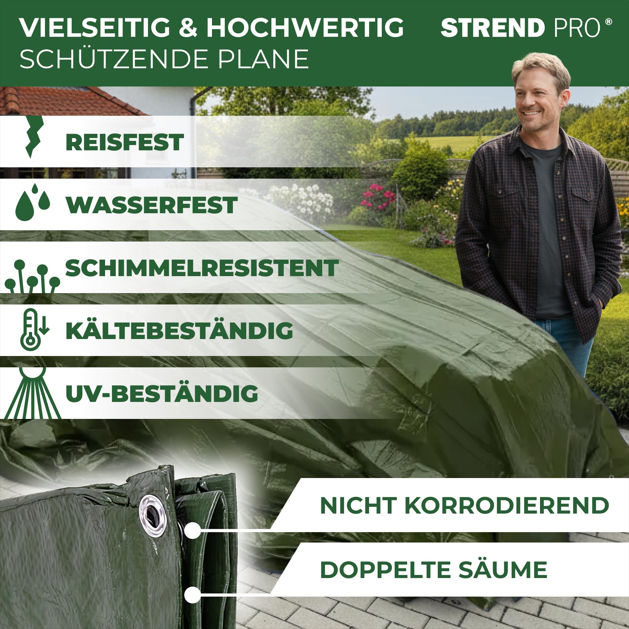STREND PRO Abdeckplane 8x12 – Wasserdicht mit Ösen | Outdoor Gewebeplane Bauplane 65g/m² | Regenplane grün 8x12m| UV-beständig | Holzplane für Gartenmöbel, Zelt, Camping | Abdeckung Plane