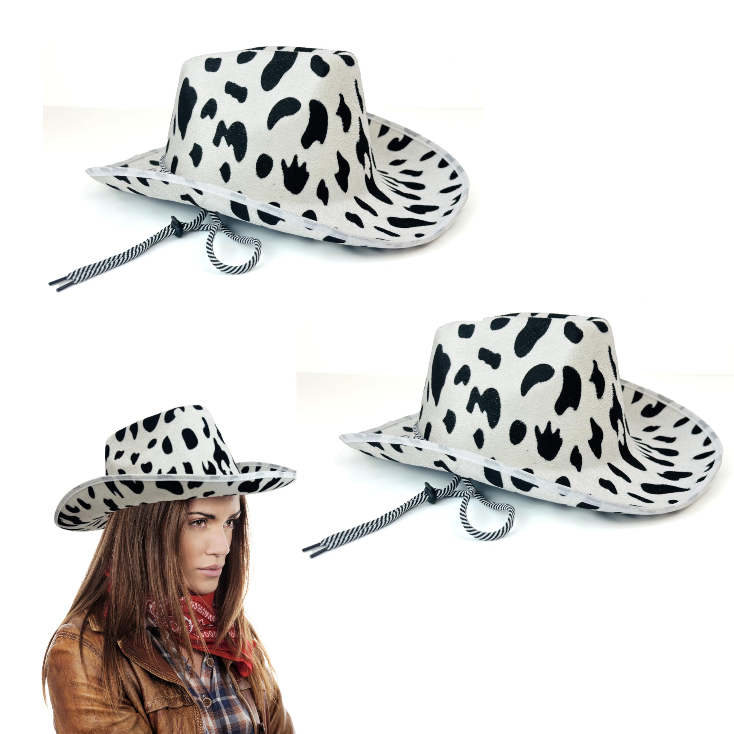 Lizzy 2 x Adult Leopard Print Cowboy Hat | Stylish Wide Brim Western Hats for Novelty Fancy Dress Hen Party Cowgirl Halloween Costumes Carnival Music Festival Accessories (Cow Print)