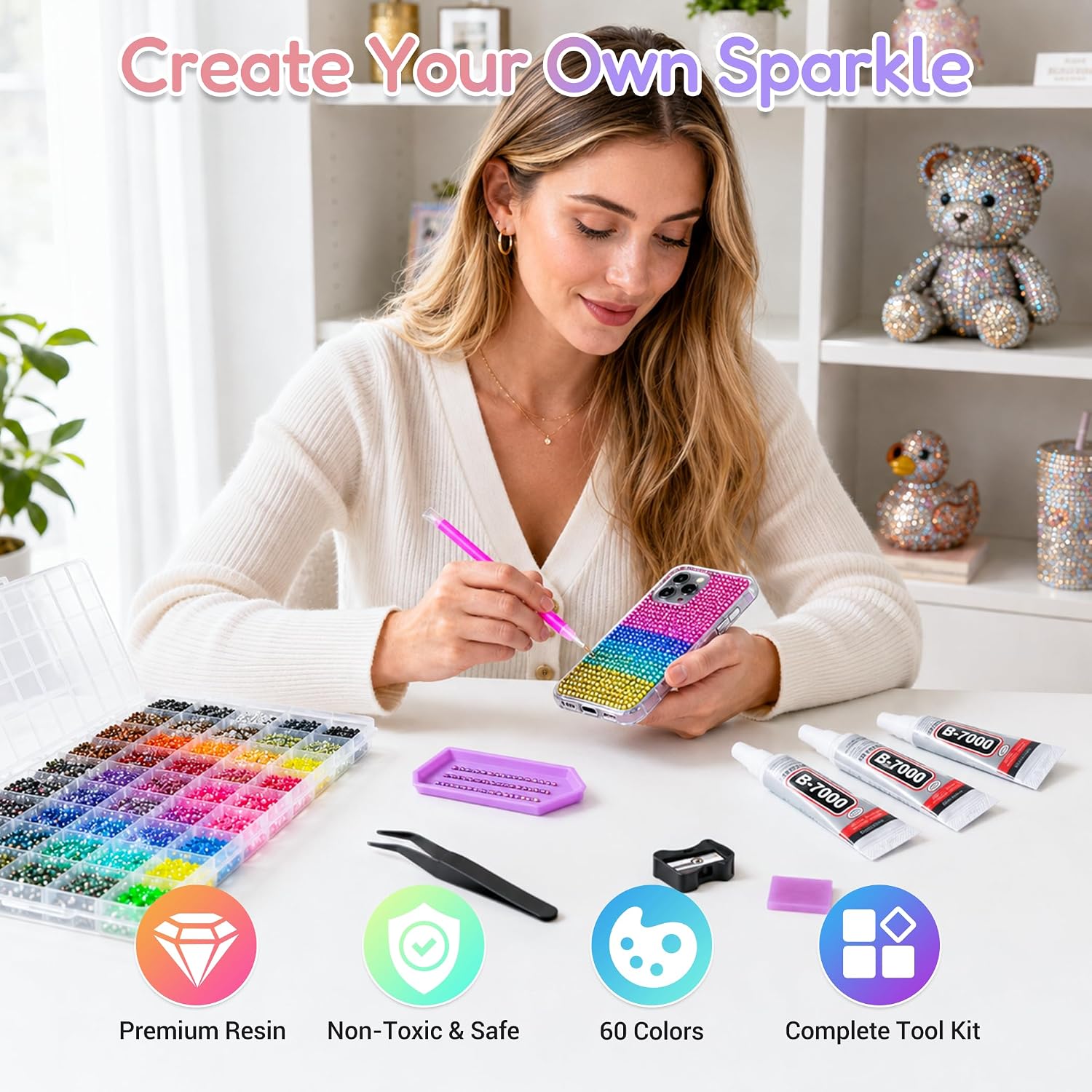 48000Pcs Bedazzling Kit - 60 Colors 3mm Resin Jelly Rhinestones - Diamond Art, Multicolor Flatback Gems Nail Crafting Makeup, with 3Pcs 10ml Jewelry Glue & Tools - Christmas Birthday Gifts for Women