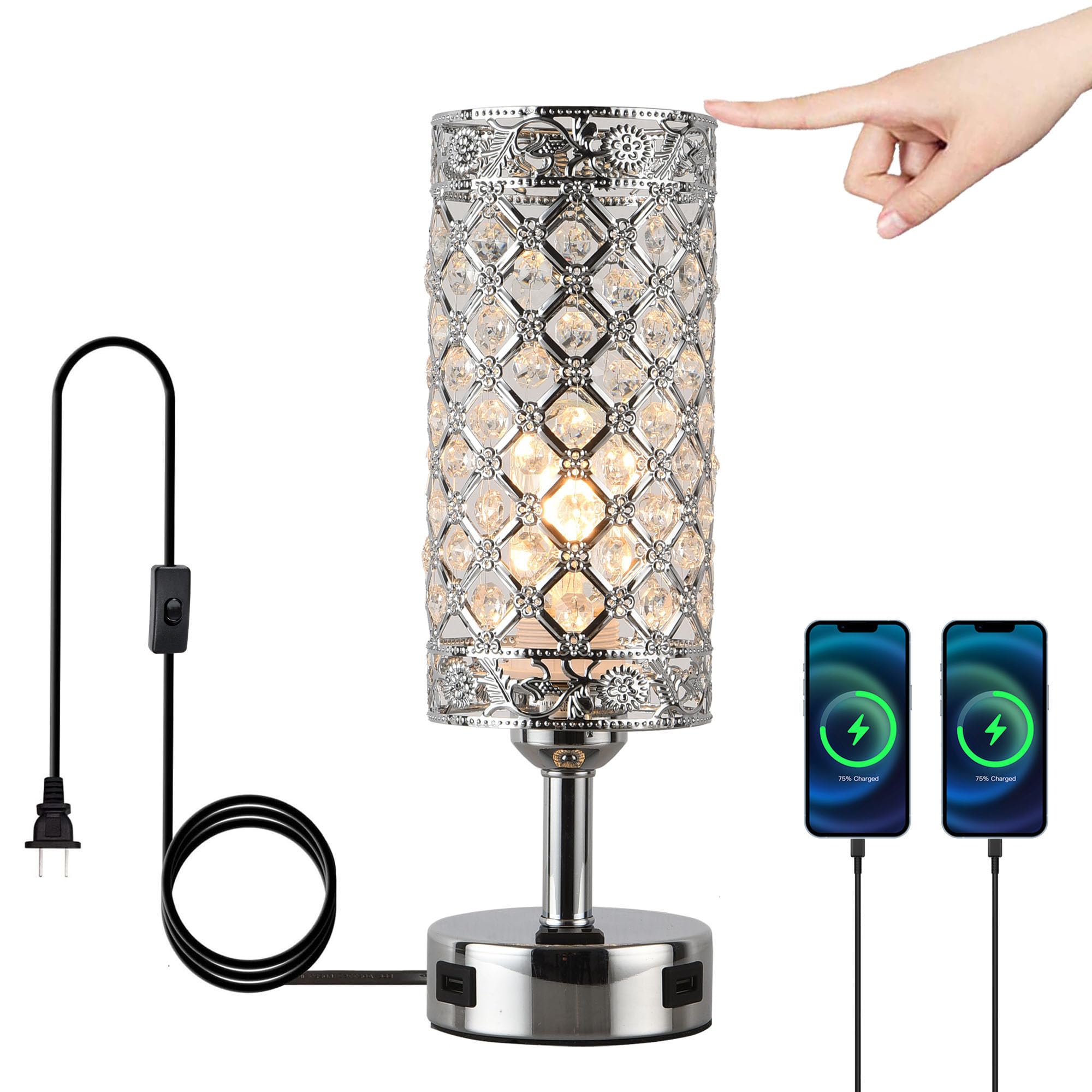OURLOVEII Modern Crystal Chrome Table Lamp with Charging Function, Crystal Bedside Lamp with USB Ports Mains Sockets, E27 Table Lamp with Crystal Shade for Bedroom