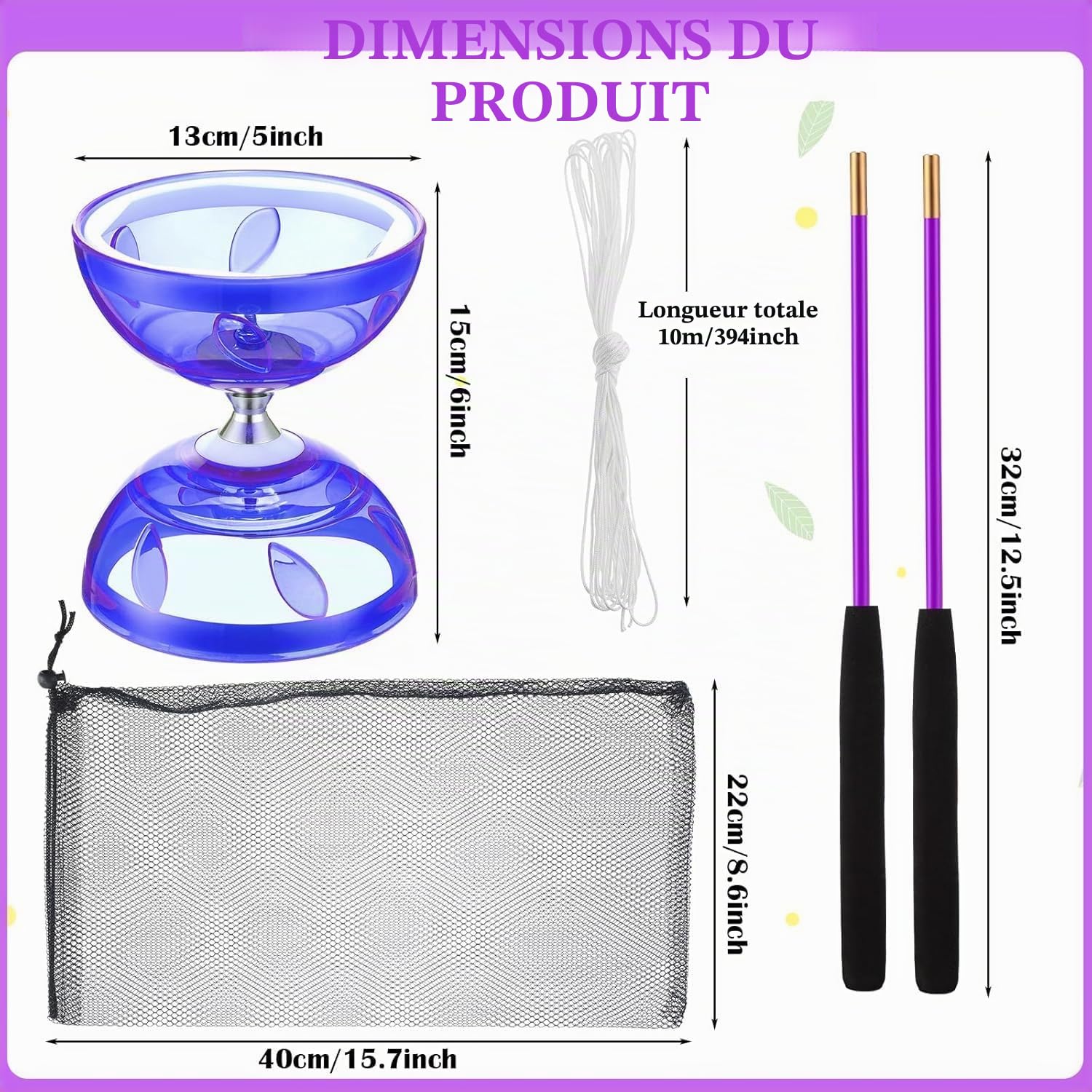 Diabolo LED avec roulement à billes - Kit diabolo - Glow in the Dark - 4 couleurs de lumière - Pour enfants, adultes, débutants, professionnels, cirque, jonglerie (violet)