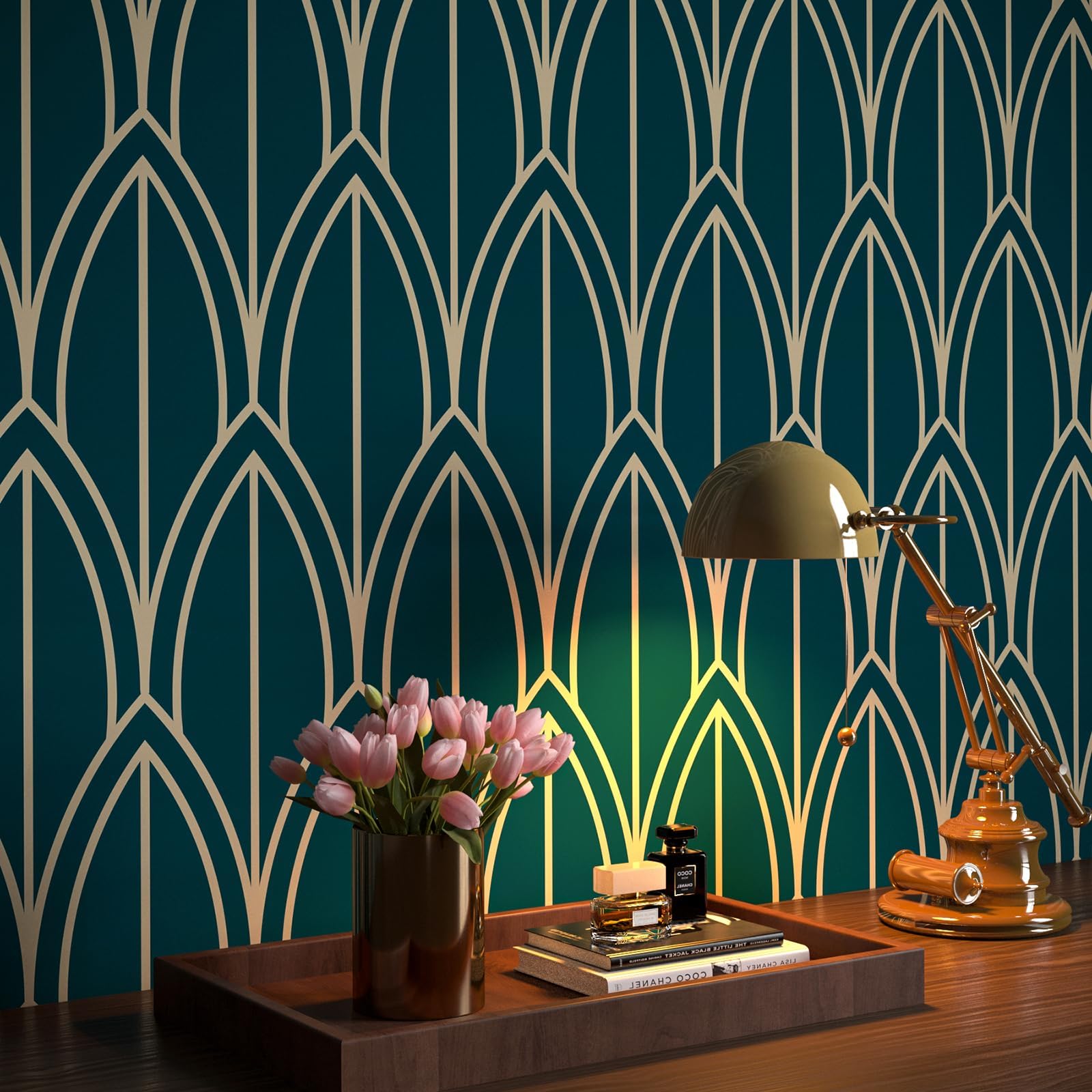 FunStick 17.5"x354" Green Blue Wallpaper Peel and Stick Geometric Wallpaper for Bedroom Bathroom Removable Teal Blue Contact Paper Peel and Stick