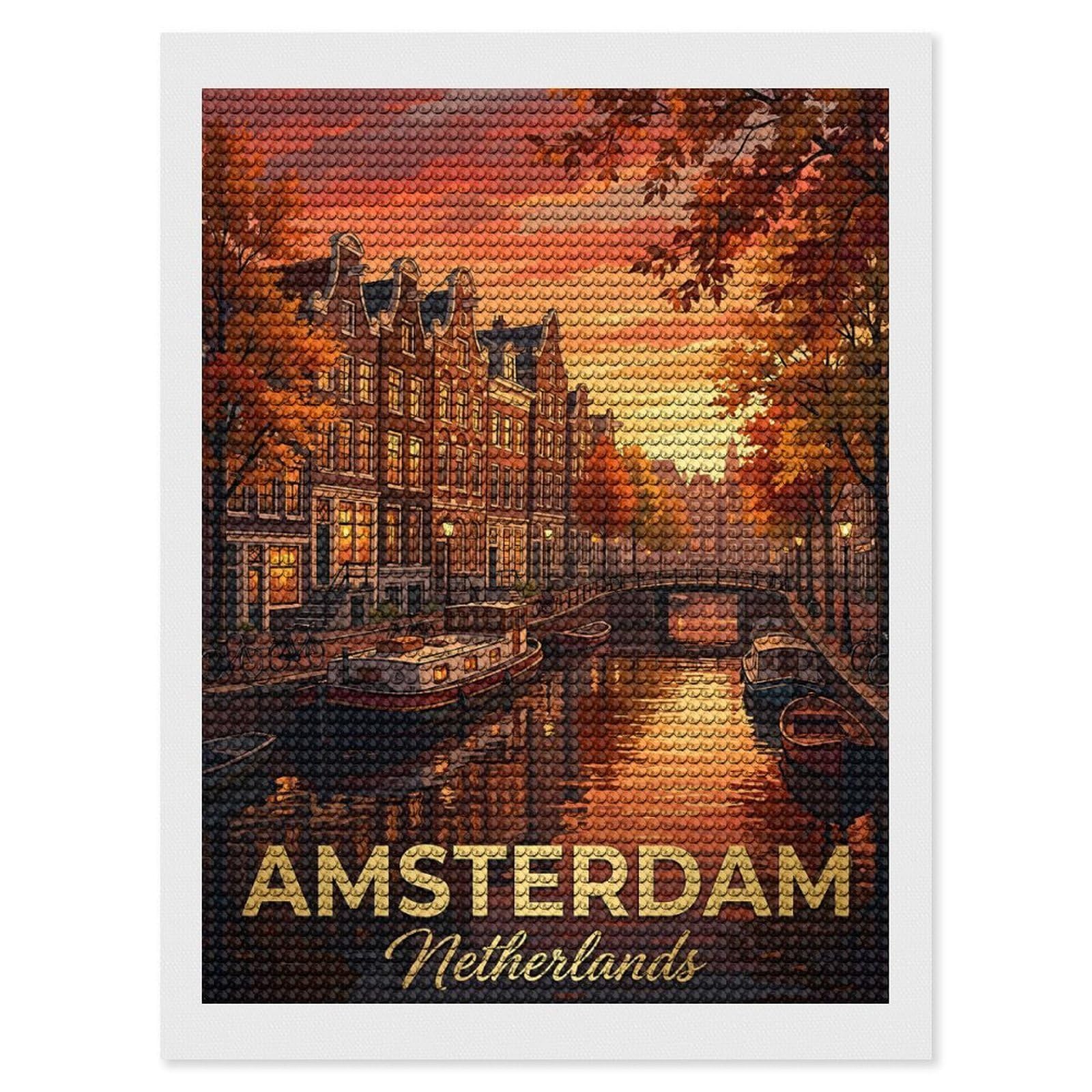 Junmoney Amsterdam Canal at Sunset Diamond Painting Canvas Kit 12"x16", for Teens, Vintage Style Decor, Modern Decor, Home Wall Art, Festive Craft Gift