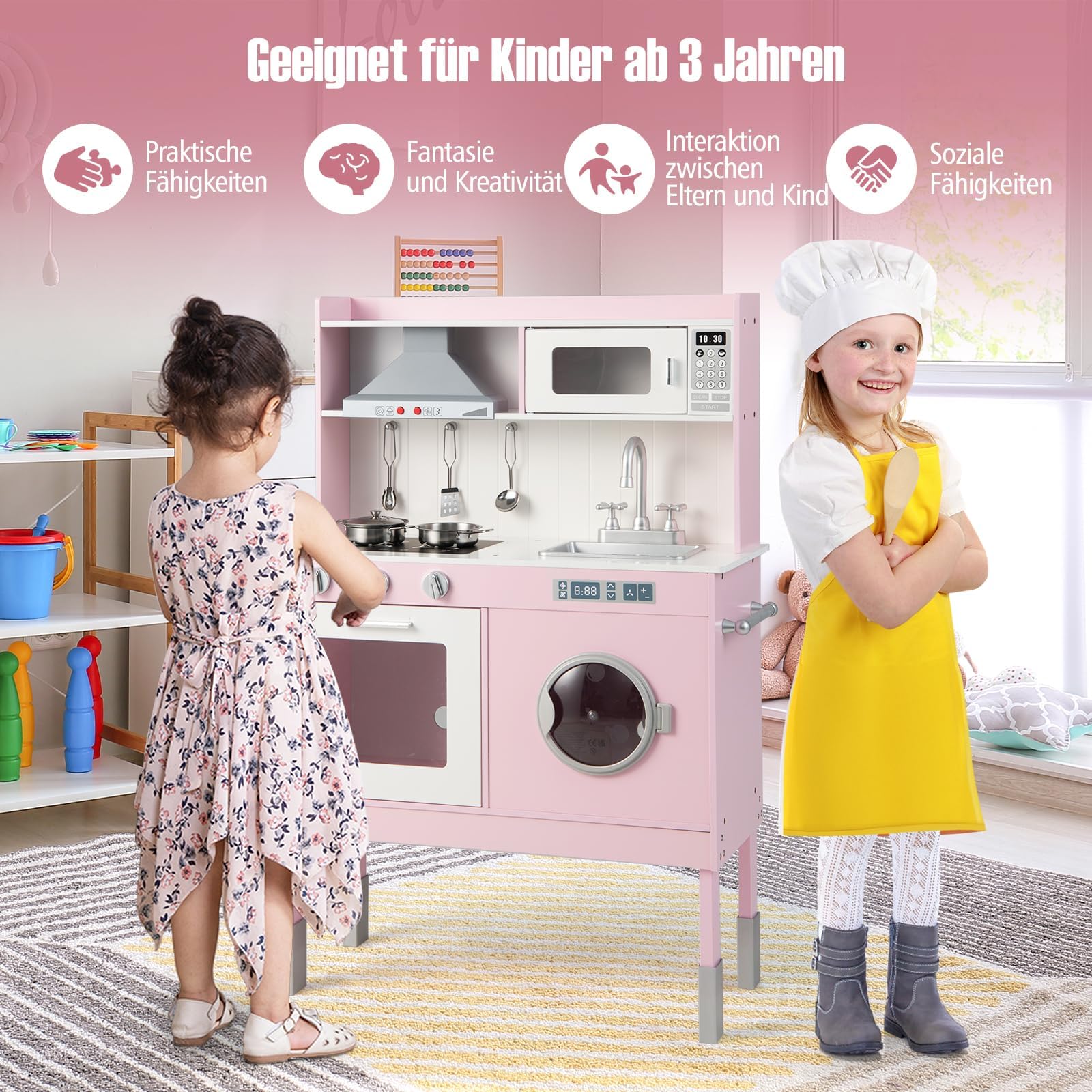FANTASK Kinderküche mit Spielzubehör, Spielküche aus Holz inkl. Dunstabzugshaube & Waschmaschine & echten Geräuschen & Lichtern, Koch Spielset für Kinder ab 3 Jahren, Rosa (71 x 29 x 101 cm)