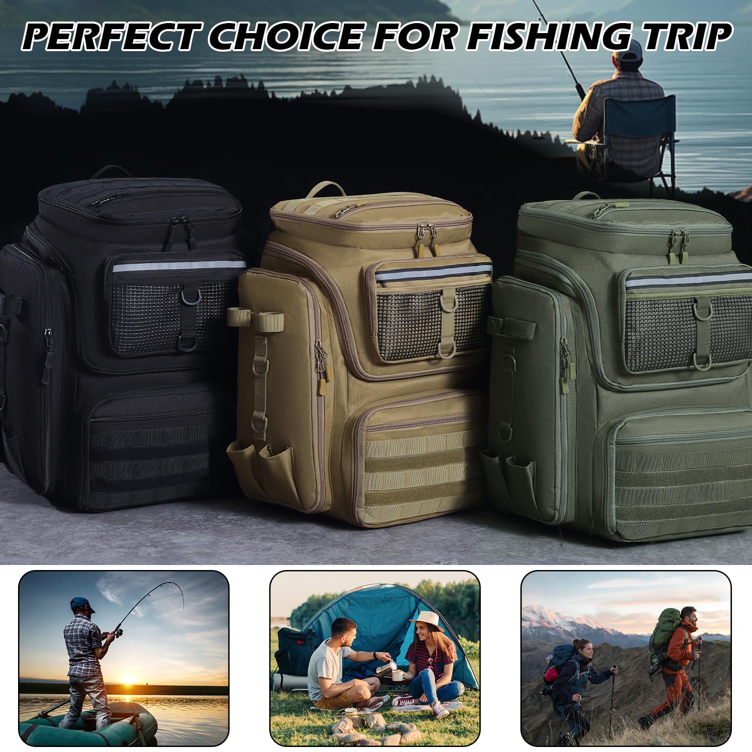 Zaino da pesca con 4 scatole e supporti per canna da pesca da 45 l, impermeabile, per pesca, escursionismo, campeggio, trekking (nero)