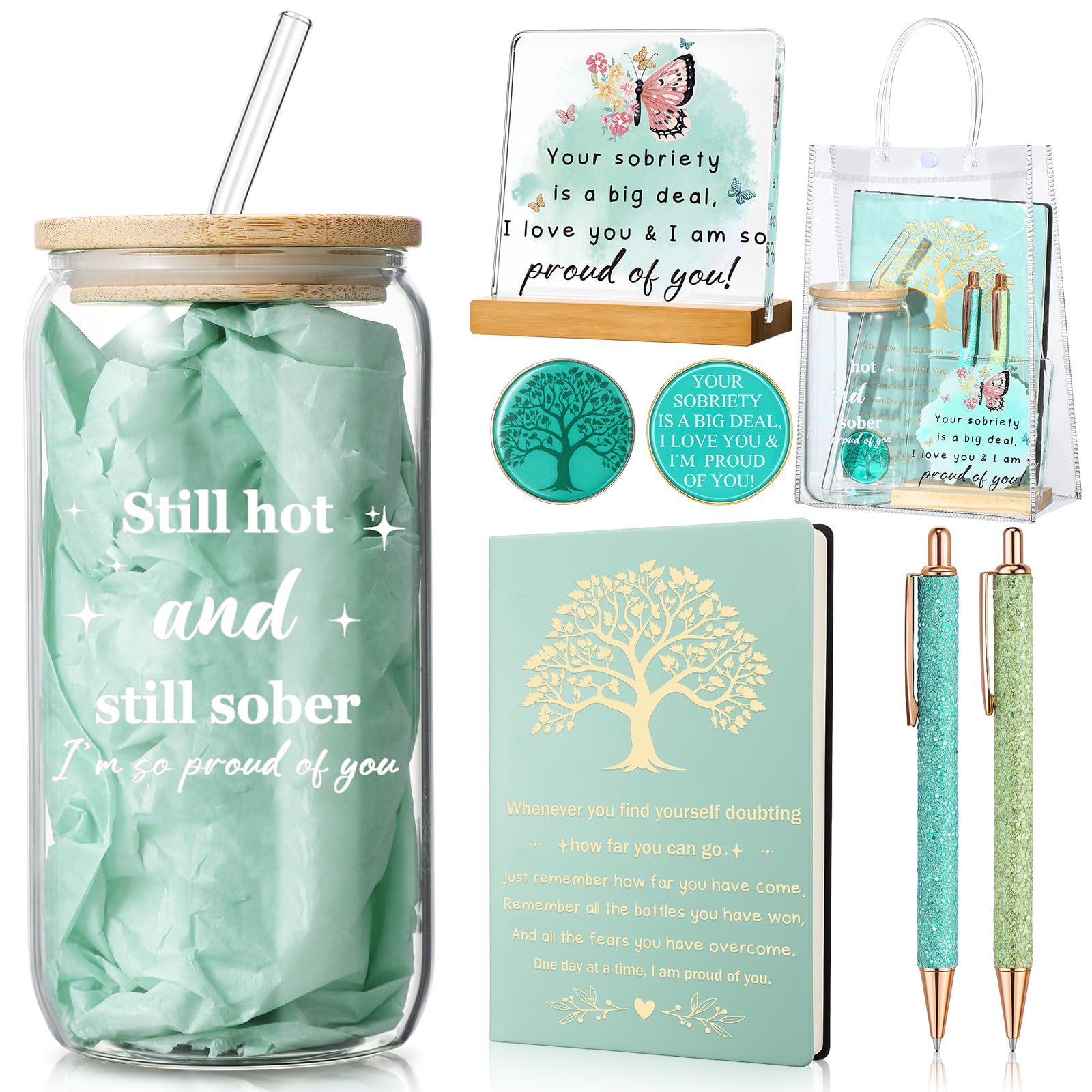 Potchen 7 Pcs Sobriety Gifts Set for Women Men Your Sobriety Is a Big Deal Plaque Sign Sober Glass Tumbler Leather Journal Notebook Pens Coin PVC Bag, Recovery Presents(Sage Green)